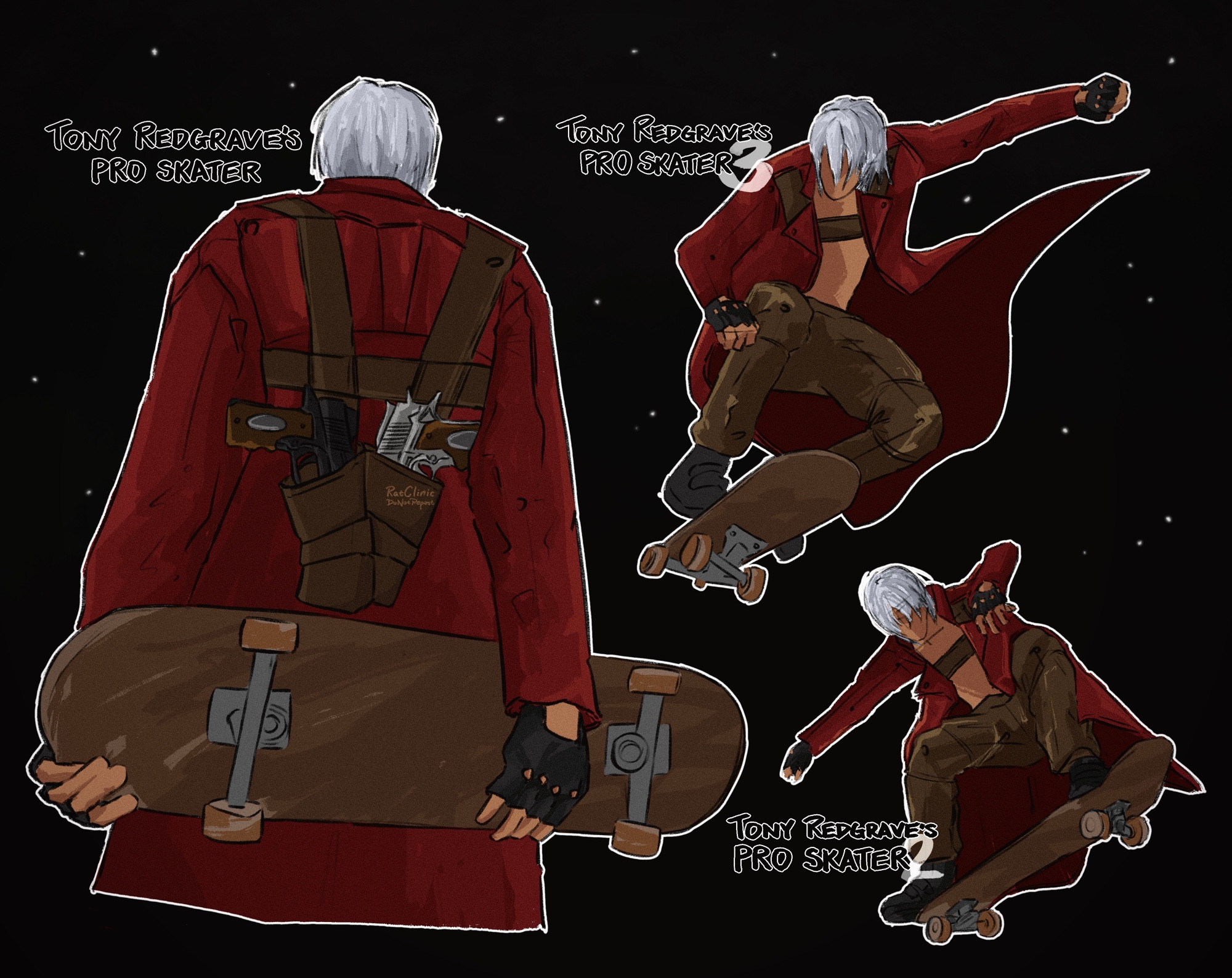 3 digital drawings of DMC3 Dante skateboarding, “Tony Redgrave’s Pro Skater” 