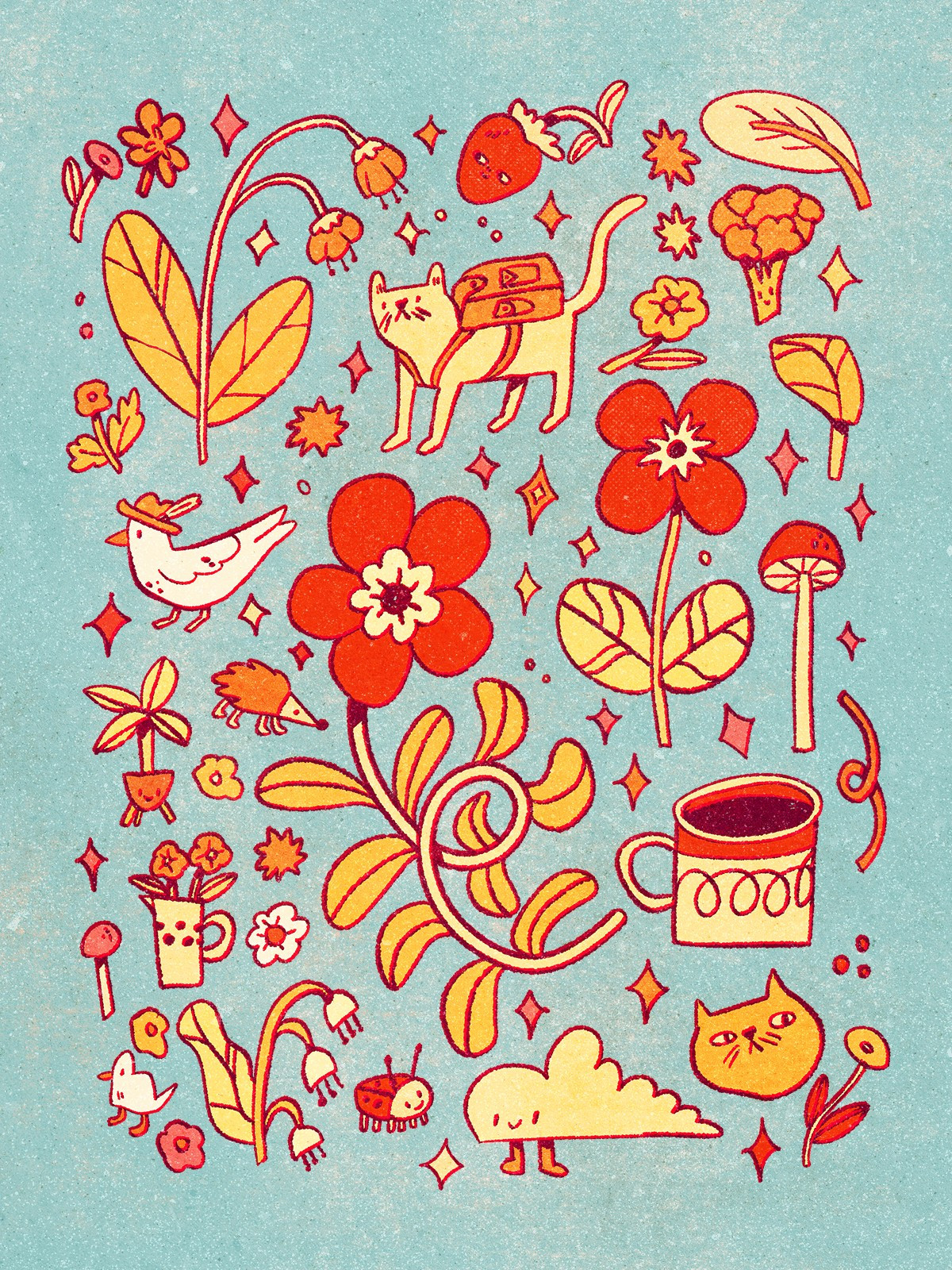 A digital drawing with lots of doodly little items on a page. Flowers, birds, bugs, cats, broccoli, and a cup of coffee. The background is blue.