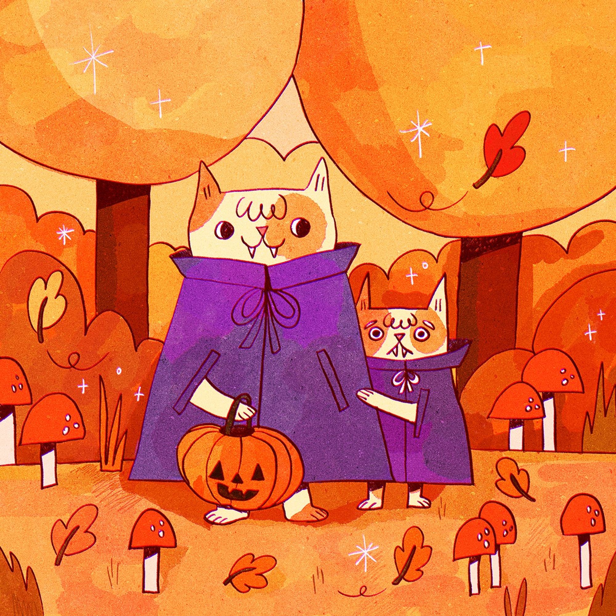 A digital drawing of two cat characters dressed up as vampires in purple capes and with their fangs. There is a grown-up cat looking happily at a kitten character who looks very nervous! The landscape around them is very autumnal and orange, with leaves blowing in the wind.