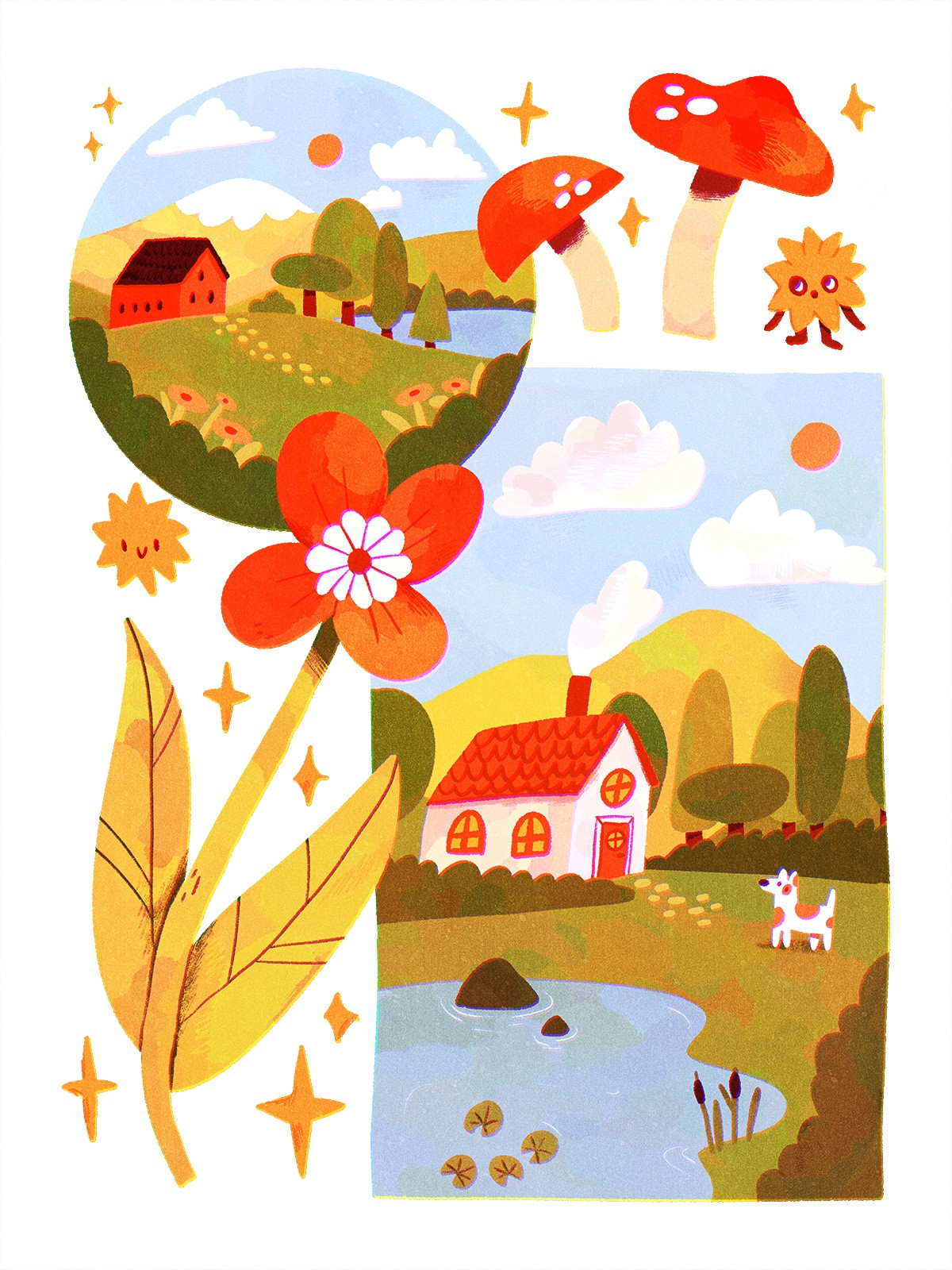 A digital drawing featuring two smaller panels and some items around them. The upper left panel is circular and features a green landscape with a little red cottage. There's a mountain in the distance! The bigger rectangular panel to the bottom right features another landscape and has hills, a little pond, a white cottage and a dog standing in front of it. To the left is a red flower, and upper right are some mushrooms and a star with legs and a face.