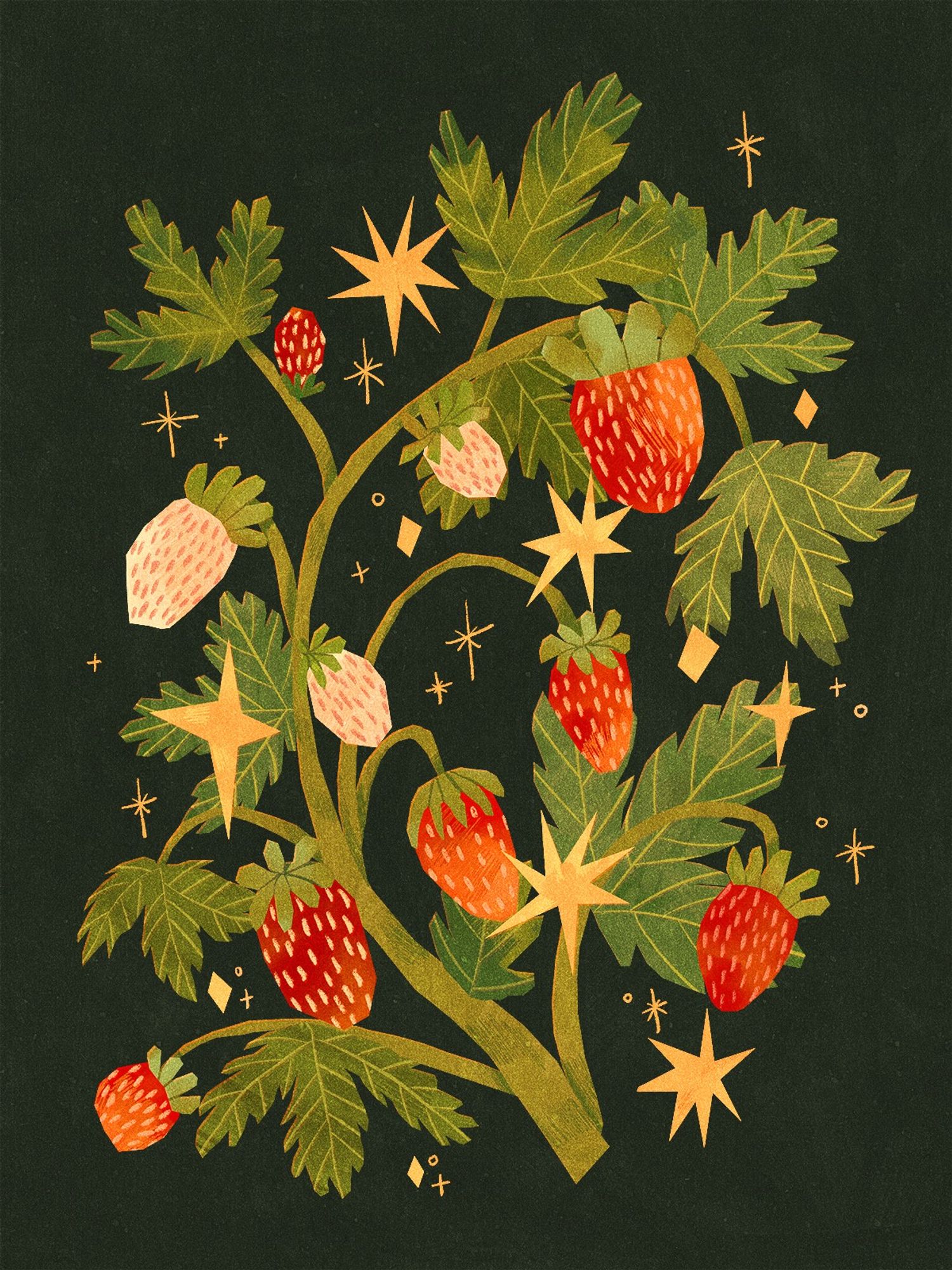 Digital drawing that looks like collage from painted papers. It's a branch with lots of strawberries on it, and sparkles surrounding it.