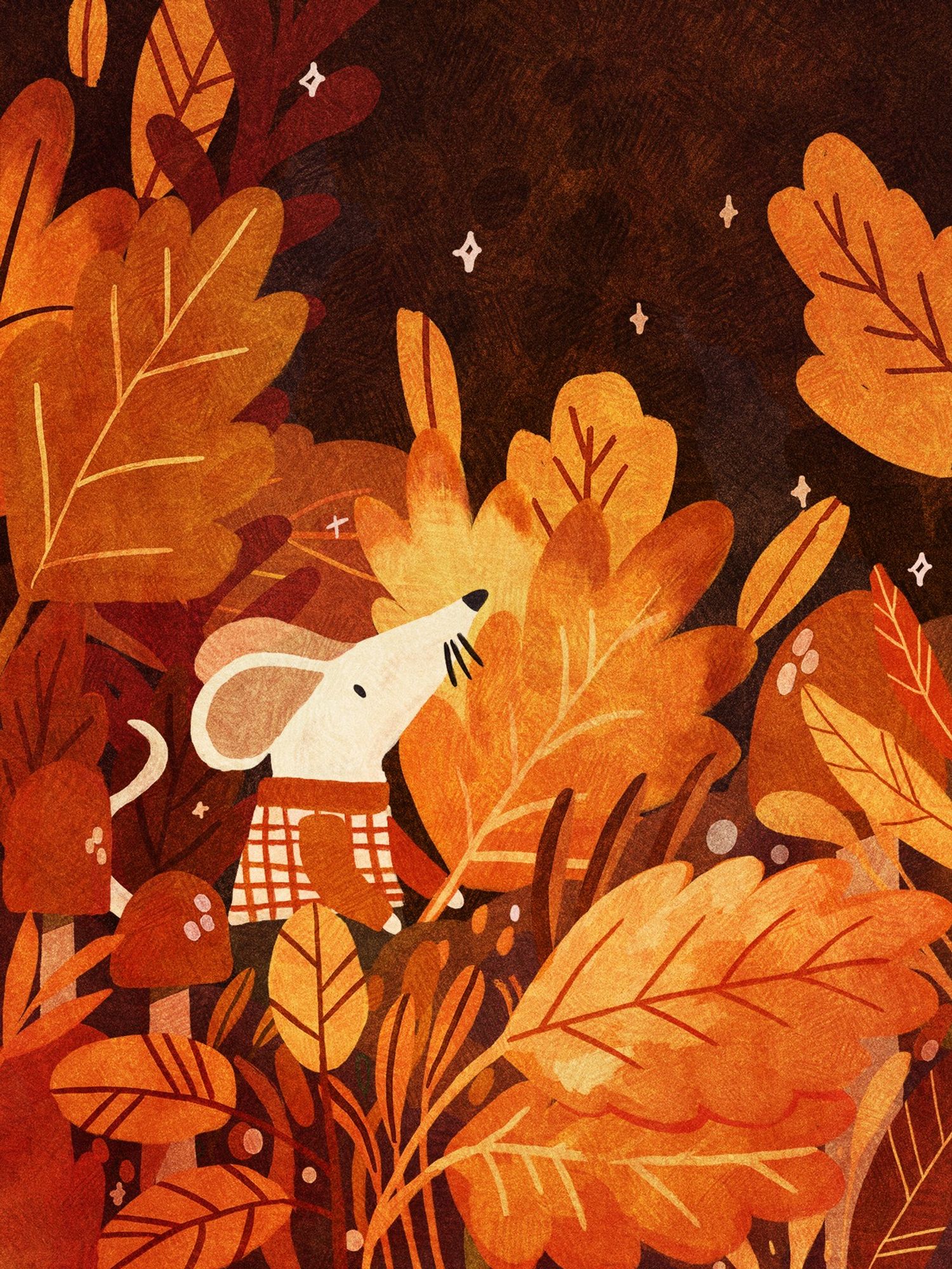 A digital drawing of an autumnal scene of a little white mouse wearing a cute sweater walking through a bunch of autumn leaves, with a dark background.