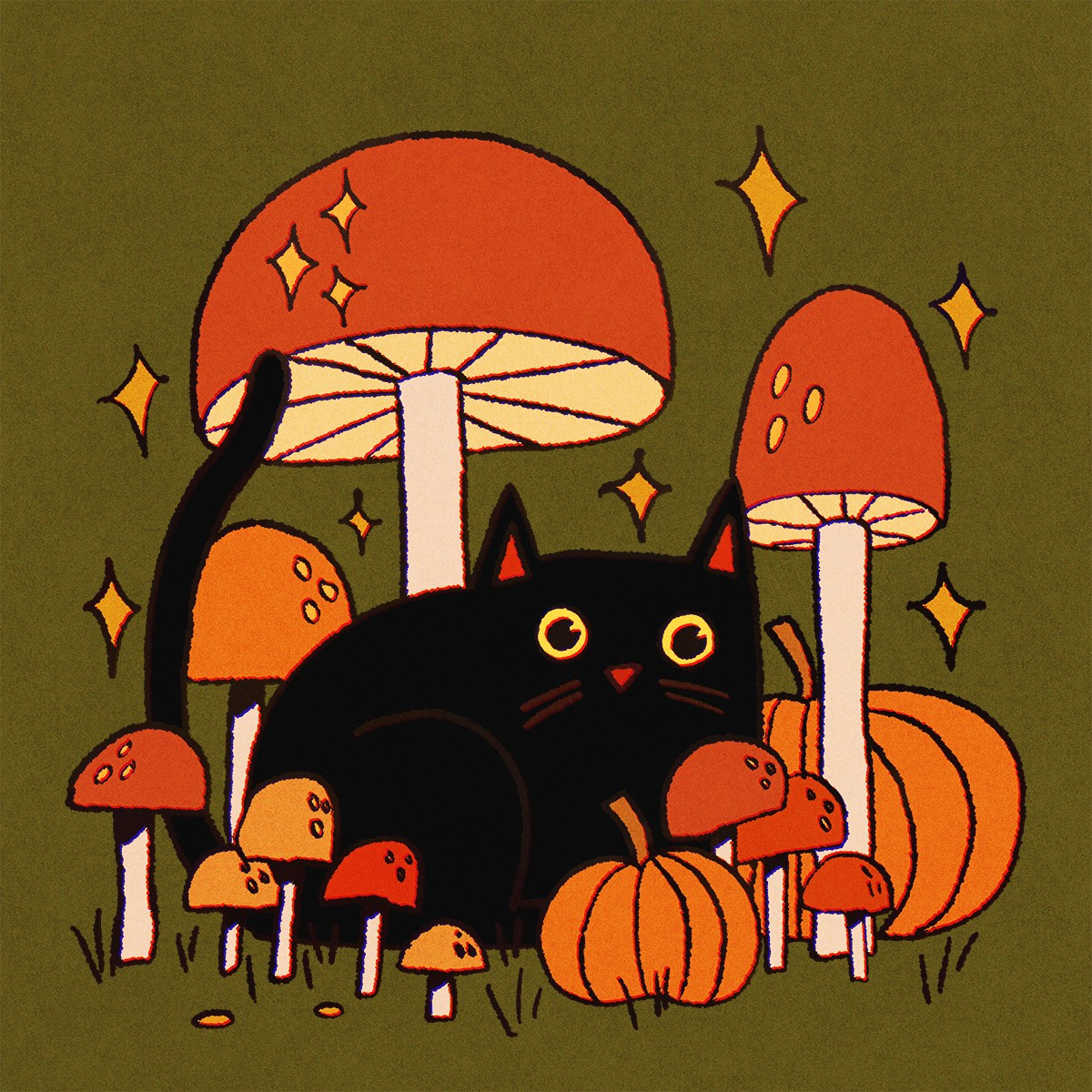 A digital drawing of a black cat with big yellow eyes sitting among some mushrooms and pumpkins.
