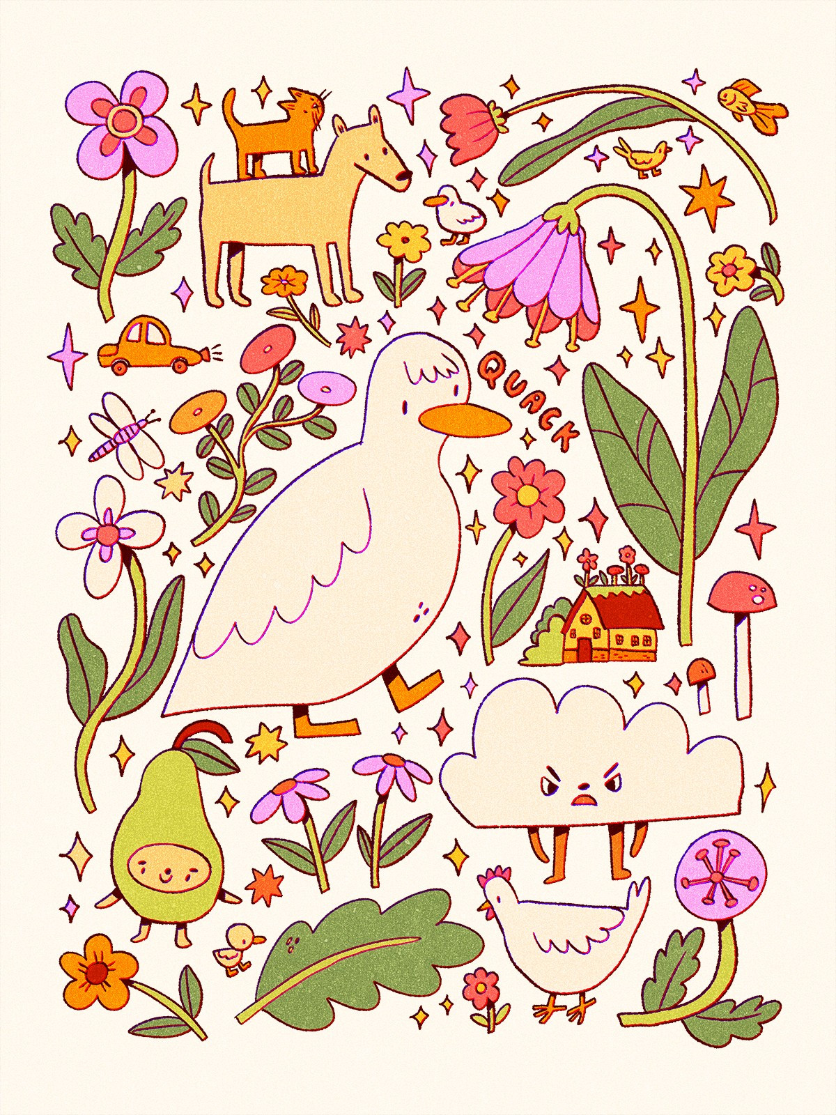 A digital drawing of lots of cute things on a page: a big duck, a cat standing on a dogs back, flowers and more flowers, a little car, an angry cloud, a Pear guy with arms and legs, a chicken, a little house with flowers growing on it, and a couple of tiny ducks.