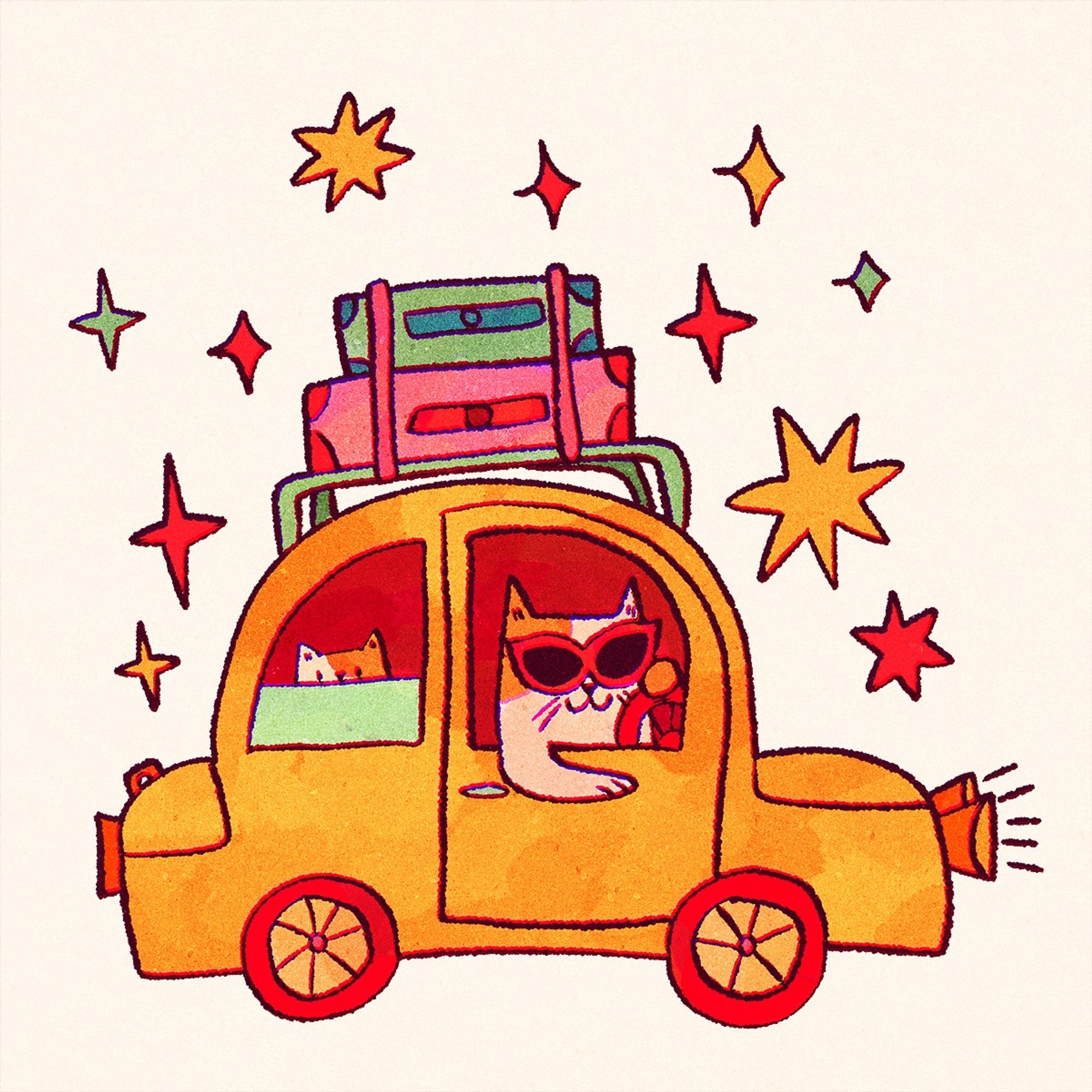 A digital drawing of a very cool cat driving a yellow car, with a kitten peeking out hte window in the back seat. On top of the car are some bags strapped to the roof, and surrounding the car are some stars and sparkles.