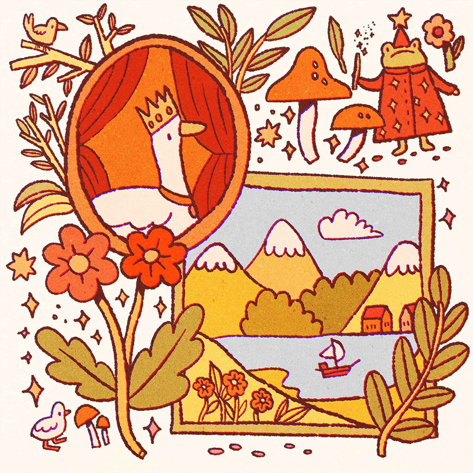 A digital drawing with a scrapbook kinda look with smaller framed "photos" and flowers and details scattered around them. The upper left smaller "photo" features a drawing of a royal goose portrait, with branches coming from the left side of the frame. To the right of that are some mushrooms and a frog wizard. Below that is a frame with a landscape drawing, and around it some flowers and leaves.