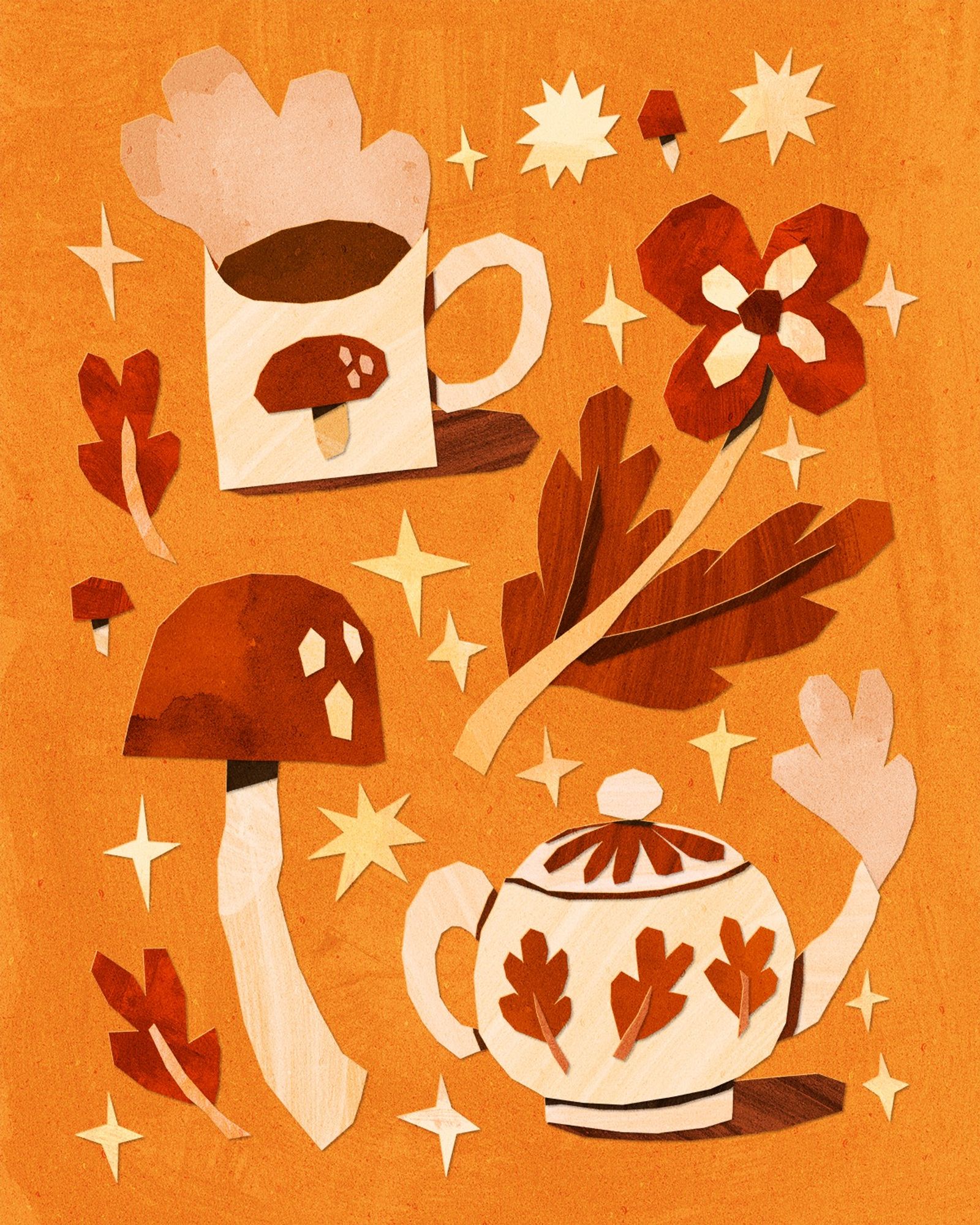 A digital drawing with a papercut collage style featuring a cup of coffee with a mushroom on it, a flower, a big mushroom and a cute teapot, all on a warm orange background.