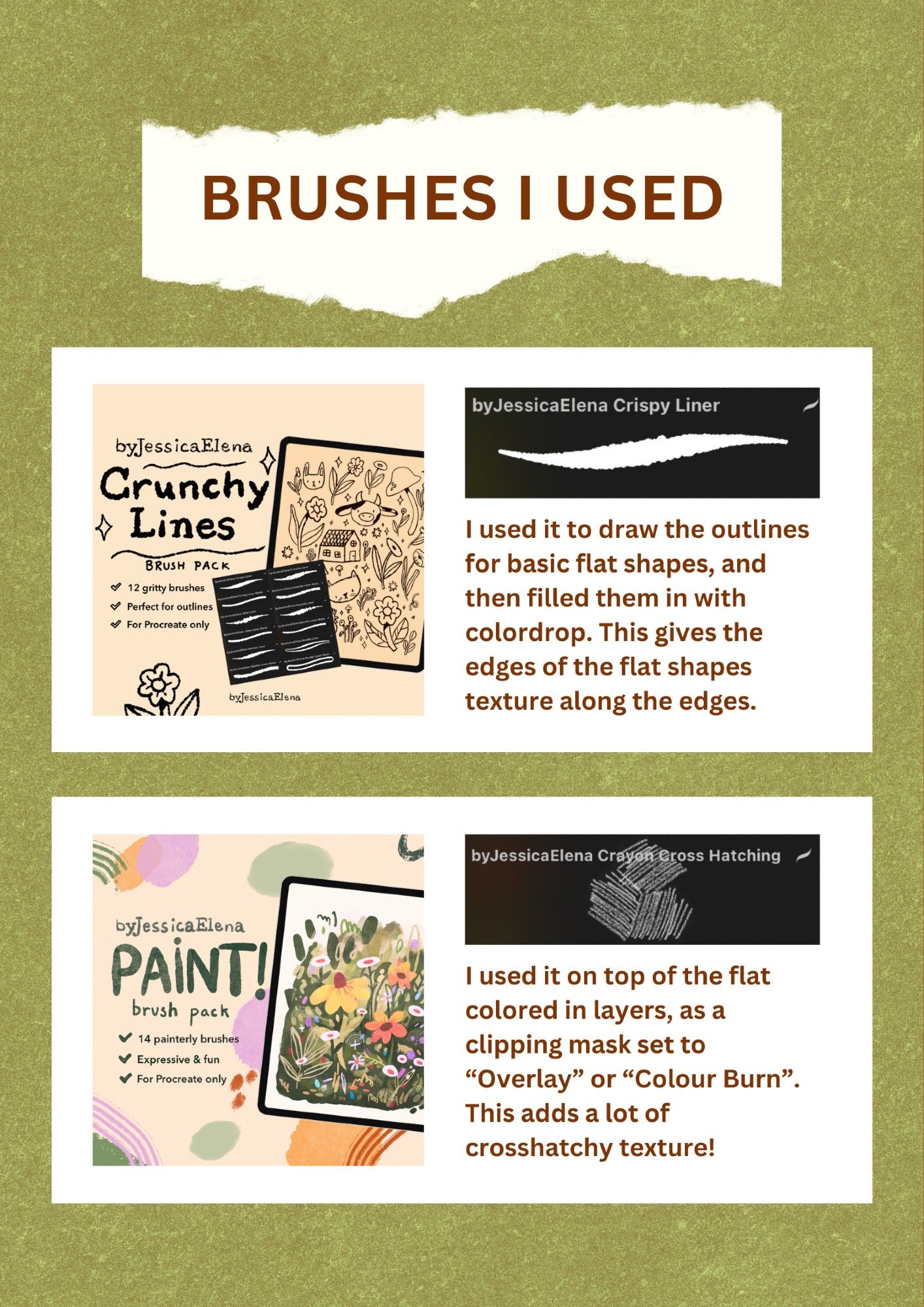 An image with information about the brushes I used for the drawing. I used the Crunchy Lines "Crispy Liner" and the Paint! "Crayon Cross Hatching".