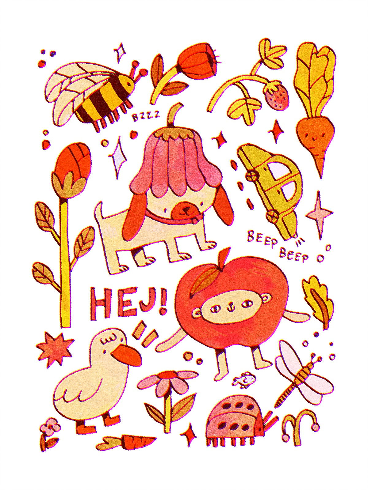 A digital drawing of a bunch of cute and silly doodle-like drawings on a page! They're scattered around the entire page, and you can see the following: a big bumblebee, flowers, a beet with a happy face, more flowers, a dog with a bell flower shaped hat, a green car saying "beep beep", sparkles, the word "Hej!" (Which is "hey" in Swedish), a white bird looking a bit wonky, more flowers, a carrot, a ladybug and a dragonfly. The colours are vibrant, playful and warm. 