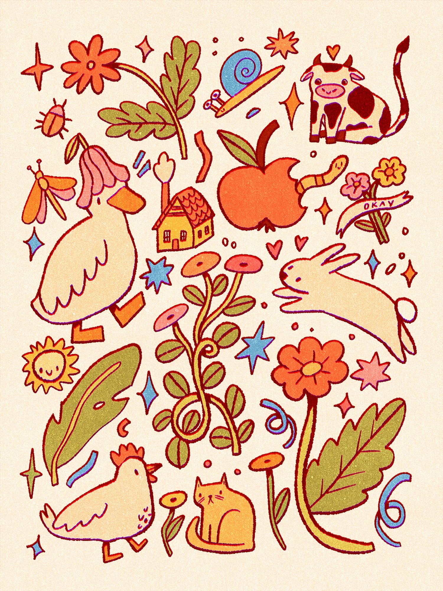 A digital drawing of lots of things collected on a page: a duck wearing a flower hat, bugs, flowers, a cute cow, a bunny, an apple with a worm in it, a chicken, a cat, sparkles and confetti.