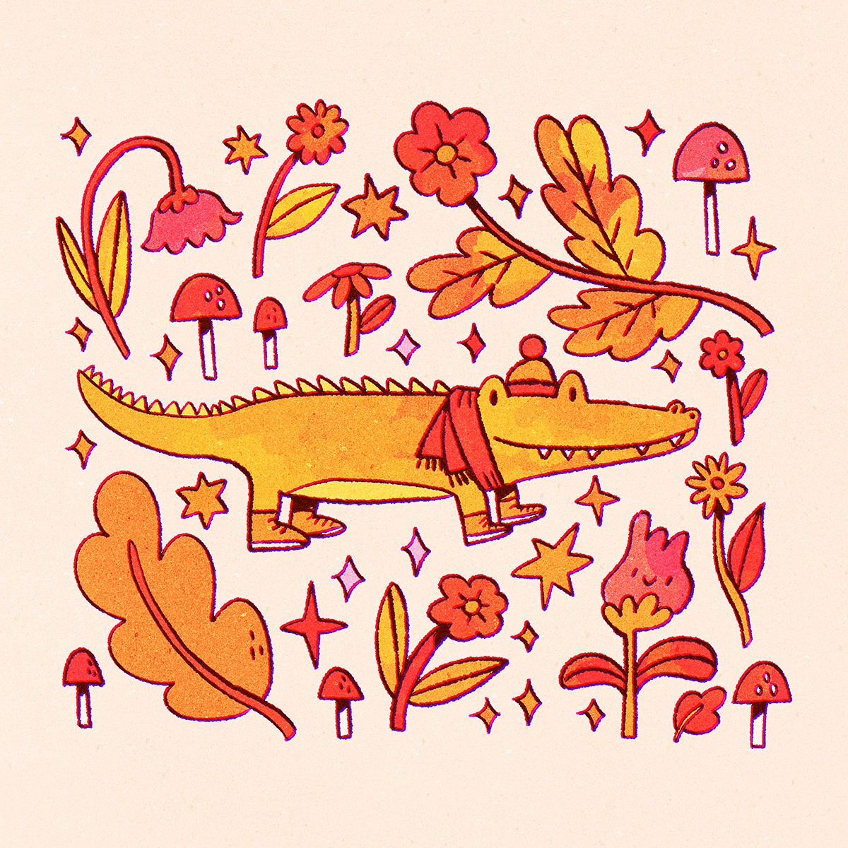 A digital drawing of a crocodile wearing a scarf and a hat, ready for autumn. Around it are lots of cute flowers, mushrooms and leaves scattered around the page. The color palette is warm and vibrant!