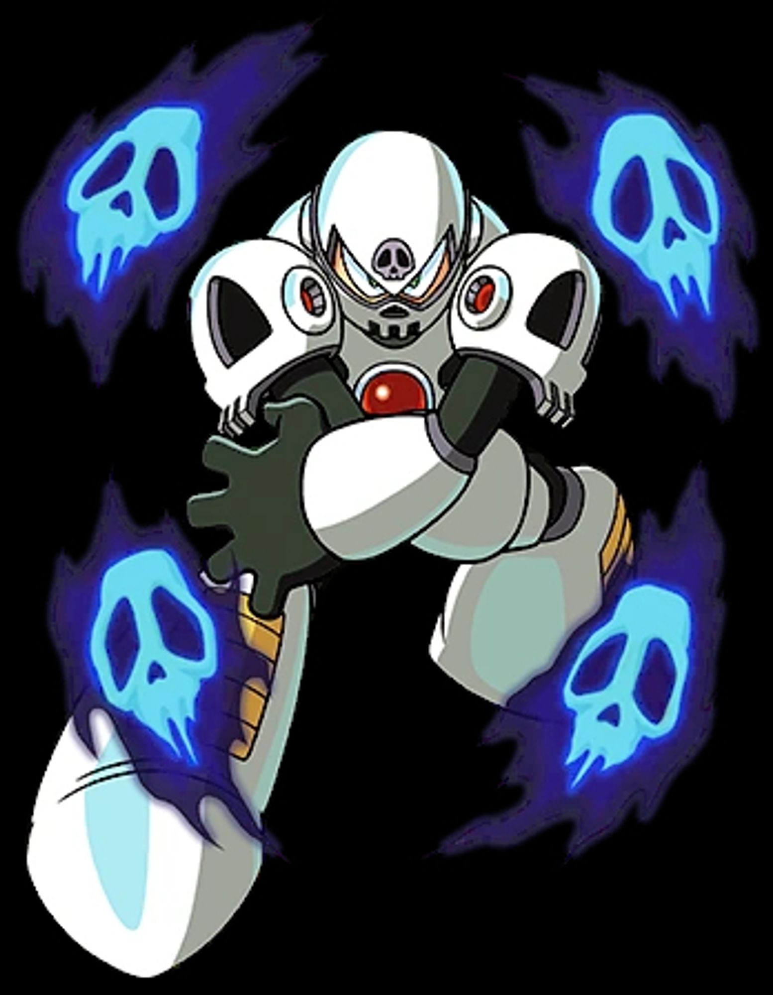 Artwork of Skull Man, a Robot Master from Mega Man 4, using his special technique, the "Skull Barrier", which causes four Skull Auras to revolve around him to protect from attacks. He can also launch the barrier as a giant projectile.