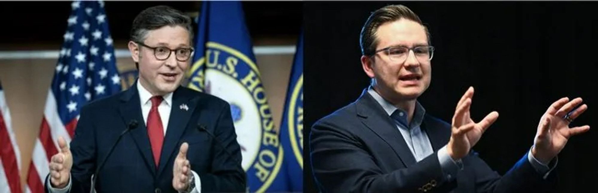 Left image: Mike Johnson 
Right image: Pierre Poilievre 

Both are wearing dark suits, have their hands held mid-air in front of them, have their mouths slightly open, are wearing similar glass, have similar hair, and generally look the same.