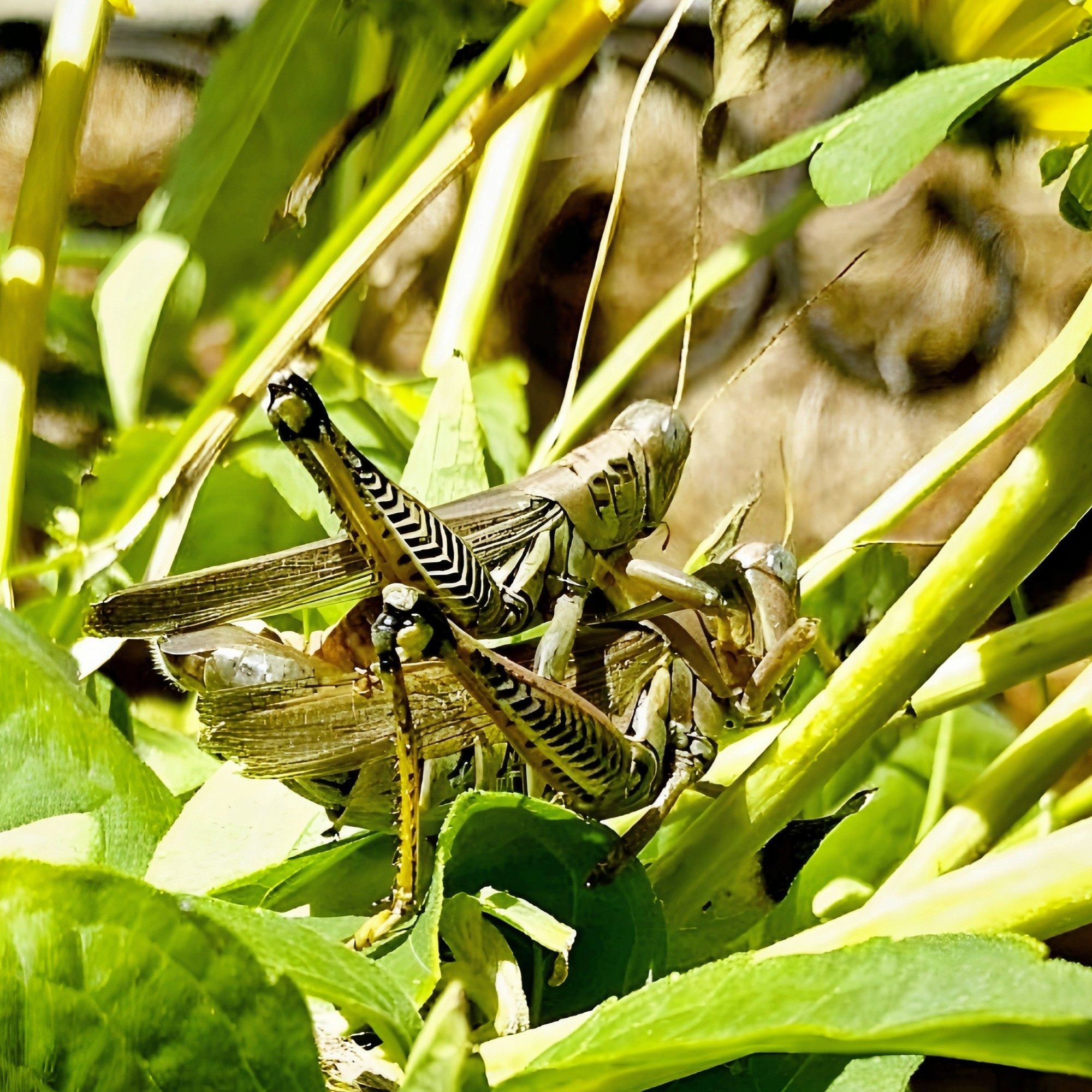 Two grasshoppers mating on a patch of green leaves.