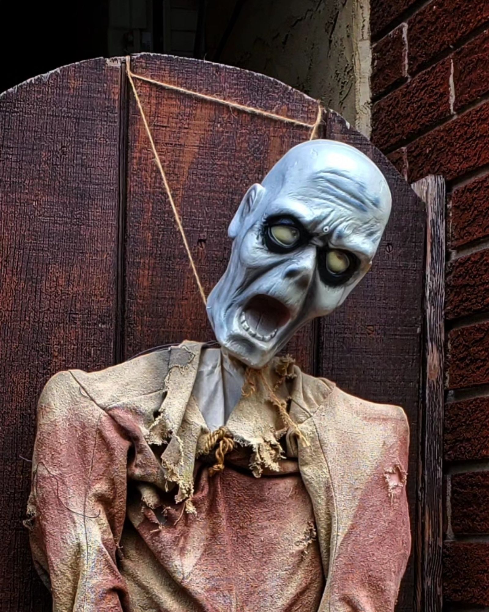 A close-up of the head of the ghoul in the halloween display. The ghoul has a blueish complexion hanging on a wooden gate. His head leans to the right, eyes turned upwards, mouth is agape in an expression of dismay. He wears a tattered, faded red shirt with a rope tied around his waist.