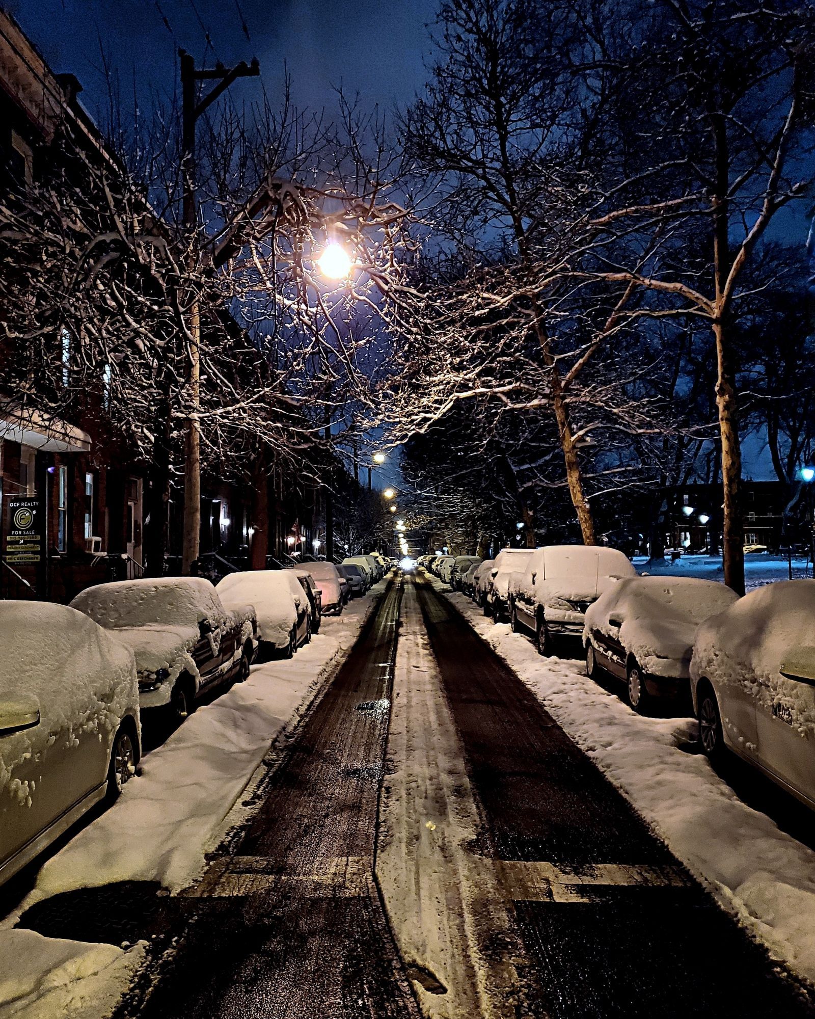 A nighttime photo of a snow covered street in south Philadelphia. The photo was taken from the center of South 4th Street, looking north. Snow covered cars line both sides. The street lamp illuminates snow covered tree branches. The sky is a dark, royal blue. Houses can be seen on the left. A park is just visible on the right.