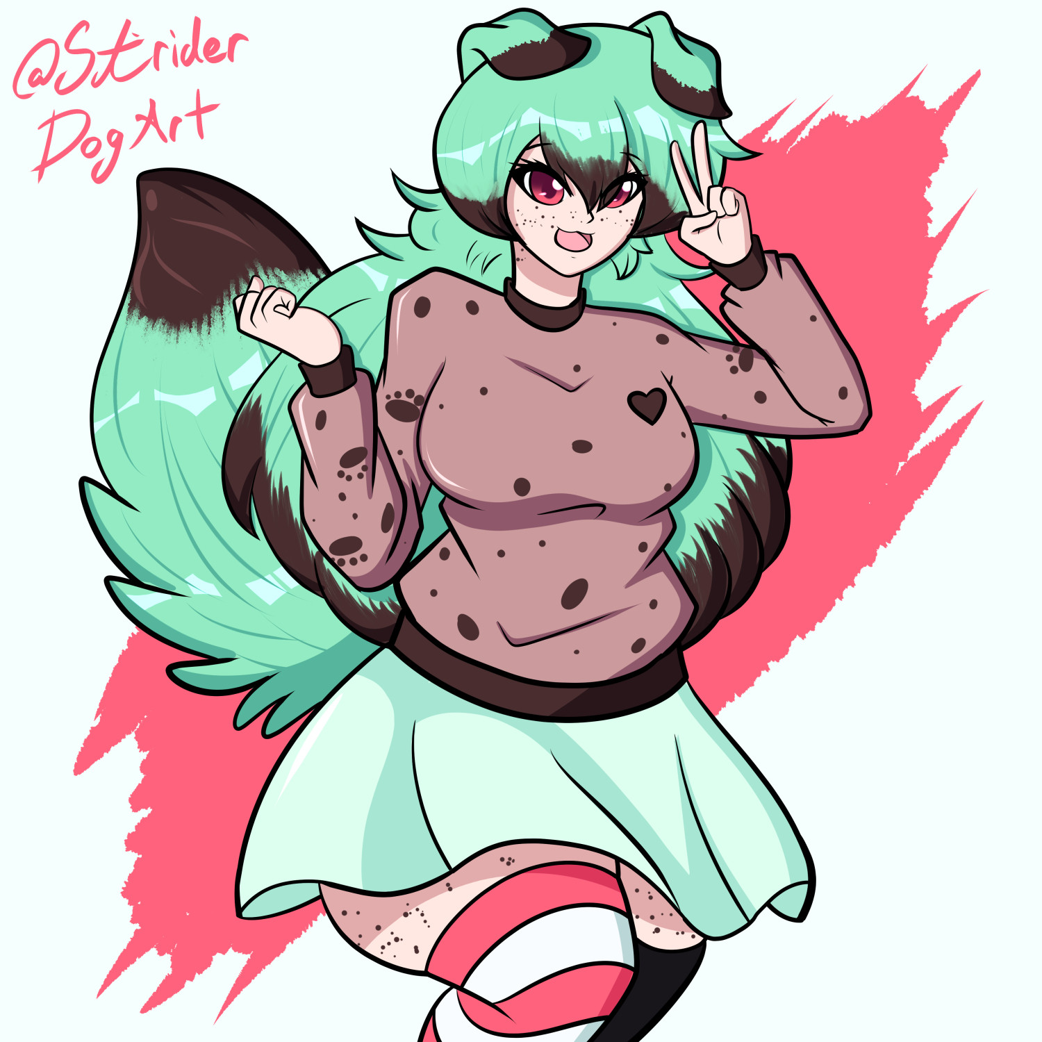 Mint chocolate chip dog girl with brown spotted sweater and pink striped tights