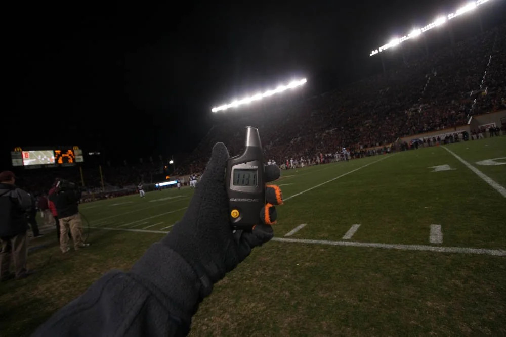 a decibel meter showing 113.1 dB on the lane stadium sideline at thursday night 2012 vs fsu