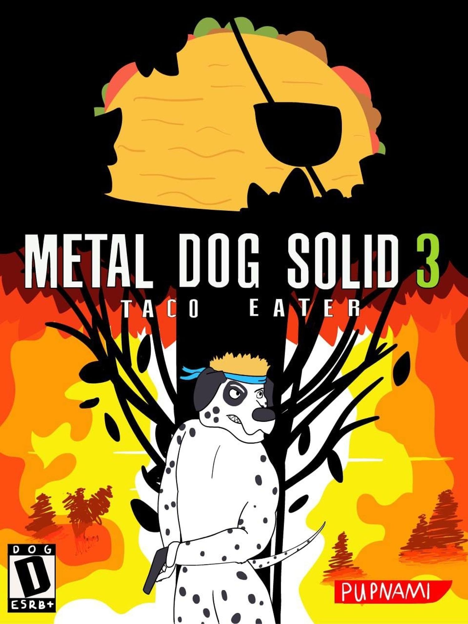 The cover of Metal Gear Solid 3, but with an anthropomorphic dalmatian instead. Titled "Metal Dog Solid 3: Taco Eater". A giant taco with an eyepatch looms in the background.