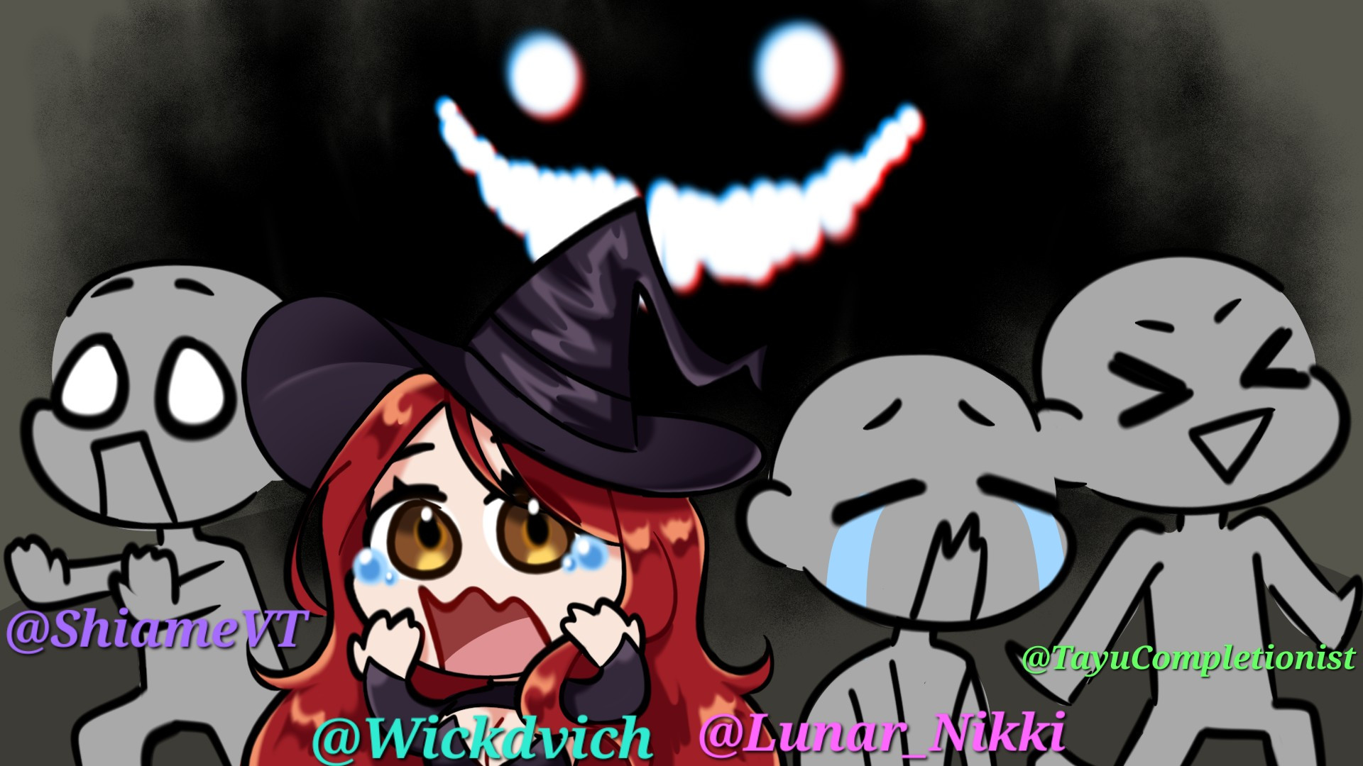 Vic, Shiame and Nikki are running in terror from a unidentified monster in the shadows, Tayu is running while laughing because he a freak like that.