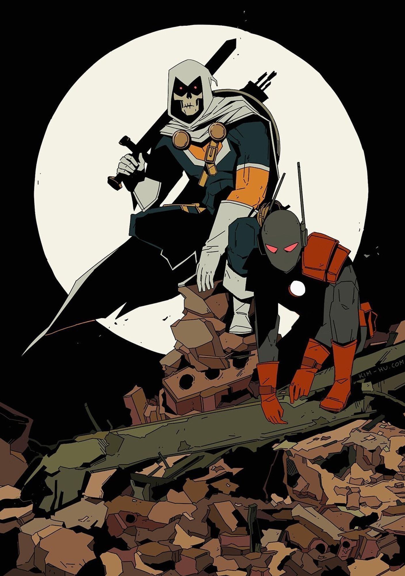 Illustration of Marvel characters Taskmaster and Black Ant, crouching on a pile of rubble.