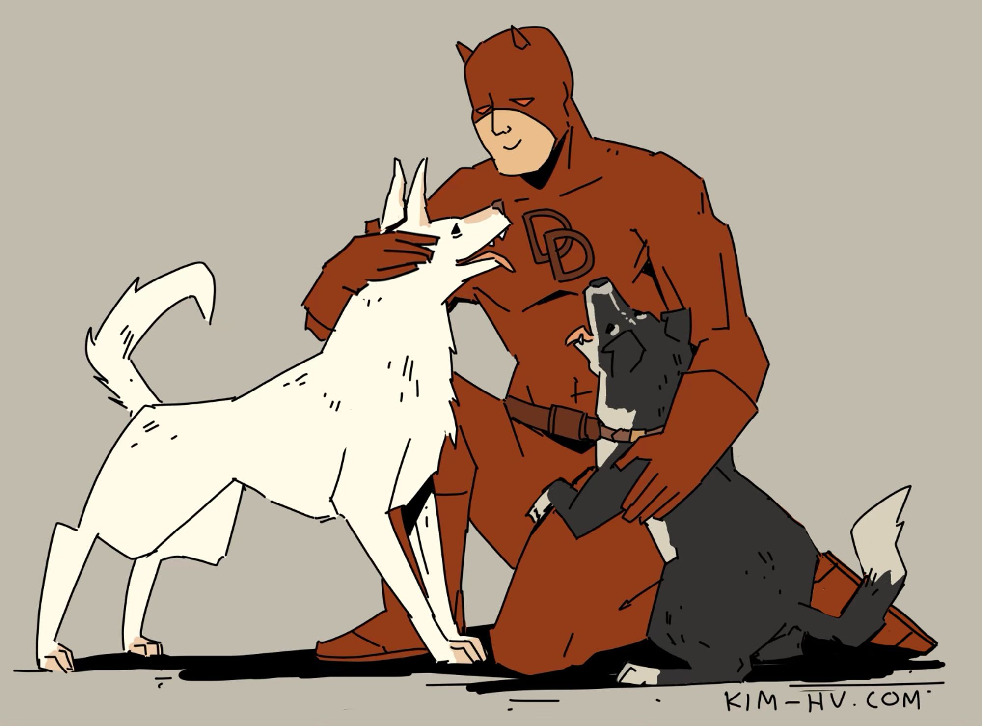 doodle of Marvel character DareDevil petting two dogs.