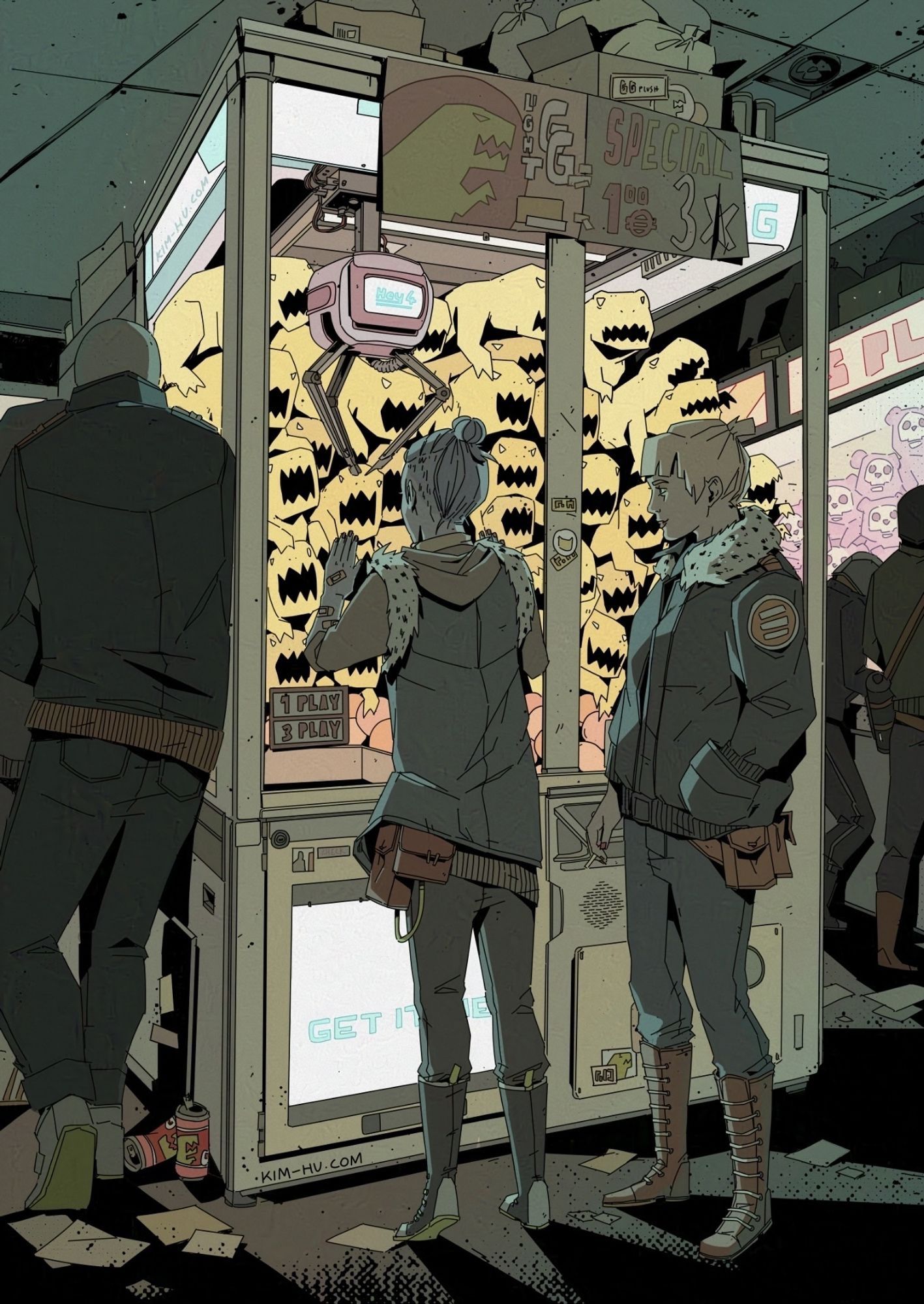 Illustration of people in an arcade, looking into a crane game machine. #kimgakaku