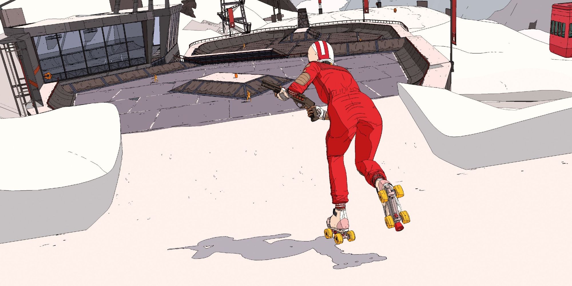 Screenshot of the game Rollerdrome, showing Kara skating down a snowy slope in a red jumpsuit.