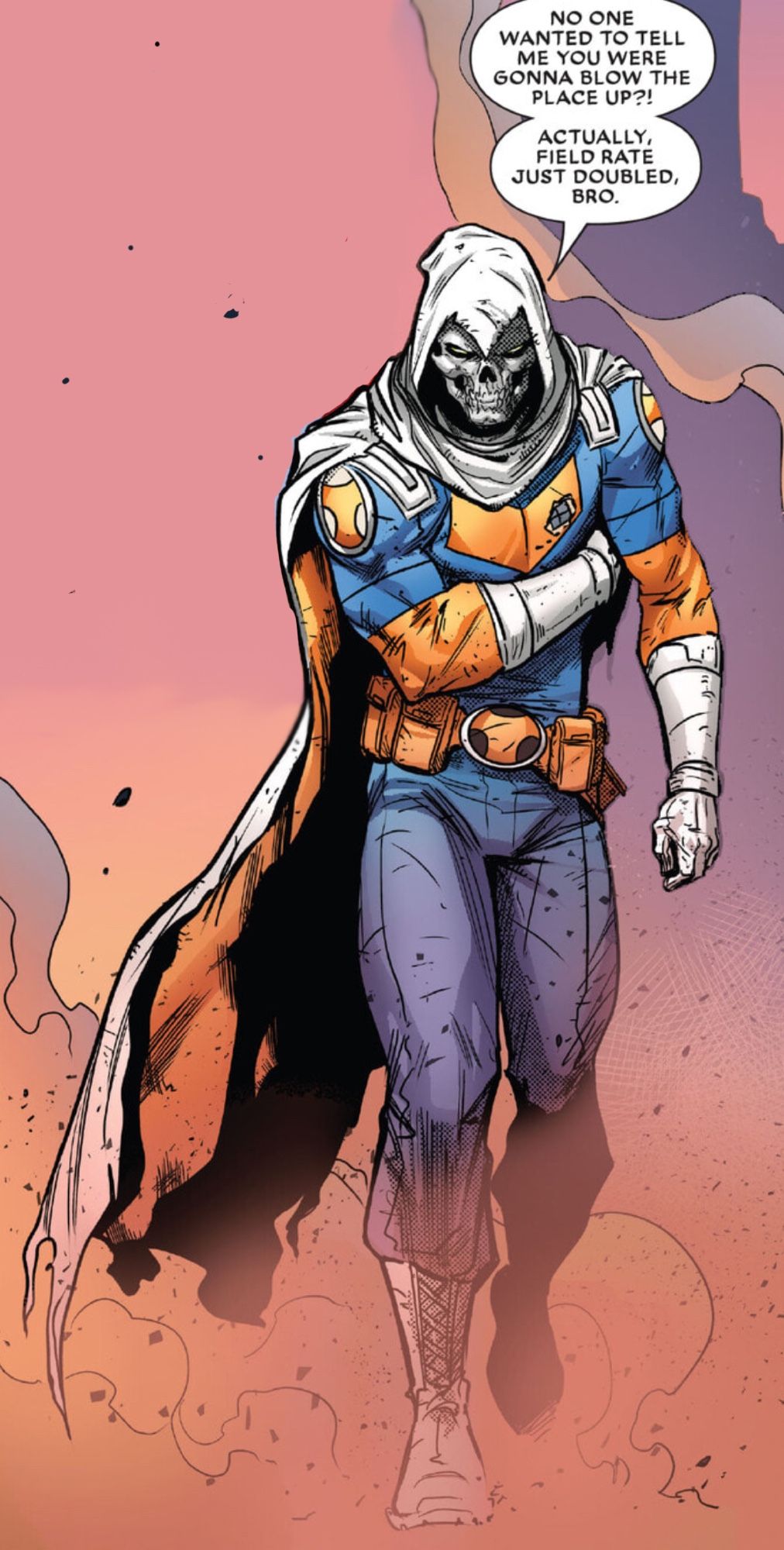 Panel of Tasky walking while holding his side, cape and suit tattered. 
The speech bubble says: No one wanted to tell me you were gonna blow the place up?! Actually, field rate just doubled, bro.