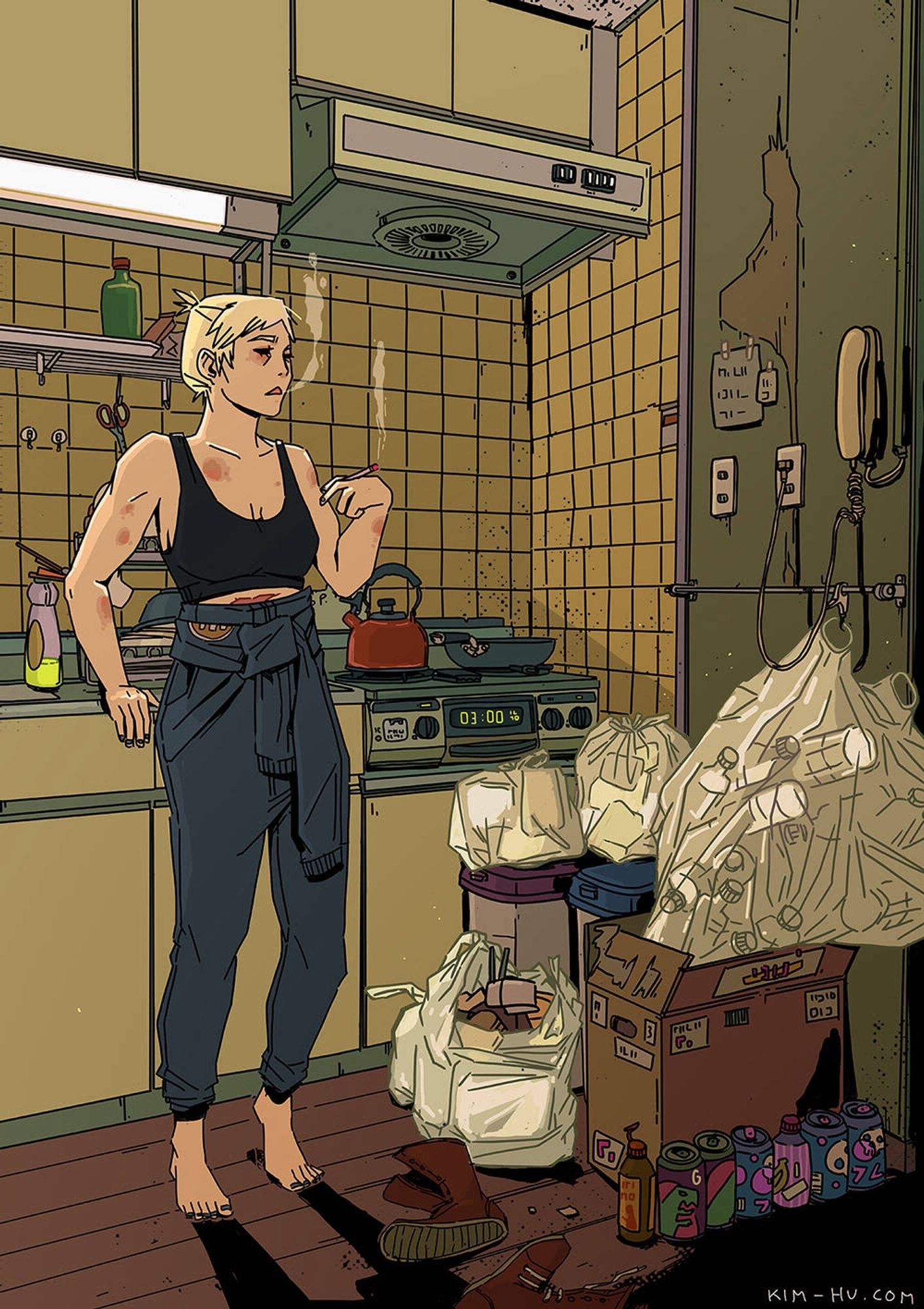 Illustration of my character Helene in her kitchen. #kimgakaku