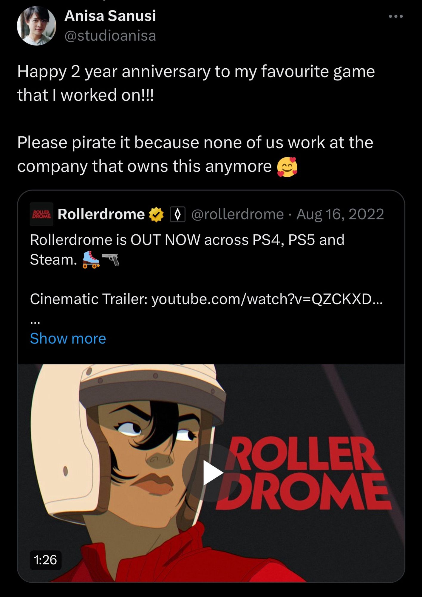 Anisa Sanusi @studioanisa
Happy 2 year anniversary to my favourite game that I worked on!!! (ROLLERDROME)
Please pirate it because none of us work at the company that owns this anymore