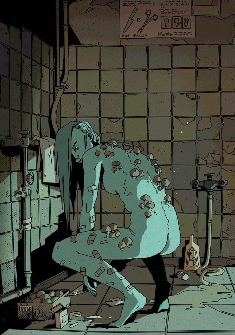 Illustration of my character Momo, crouching down in a very old shower. Mushrooms growing on her body. #kimgakaku