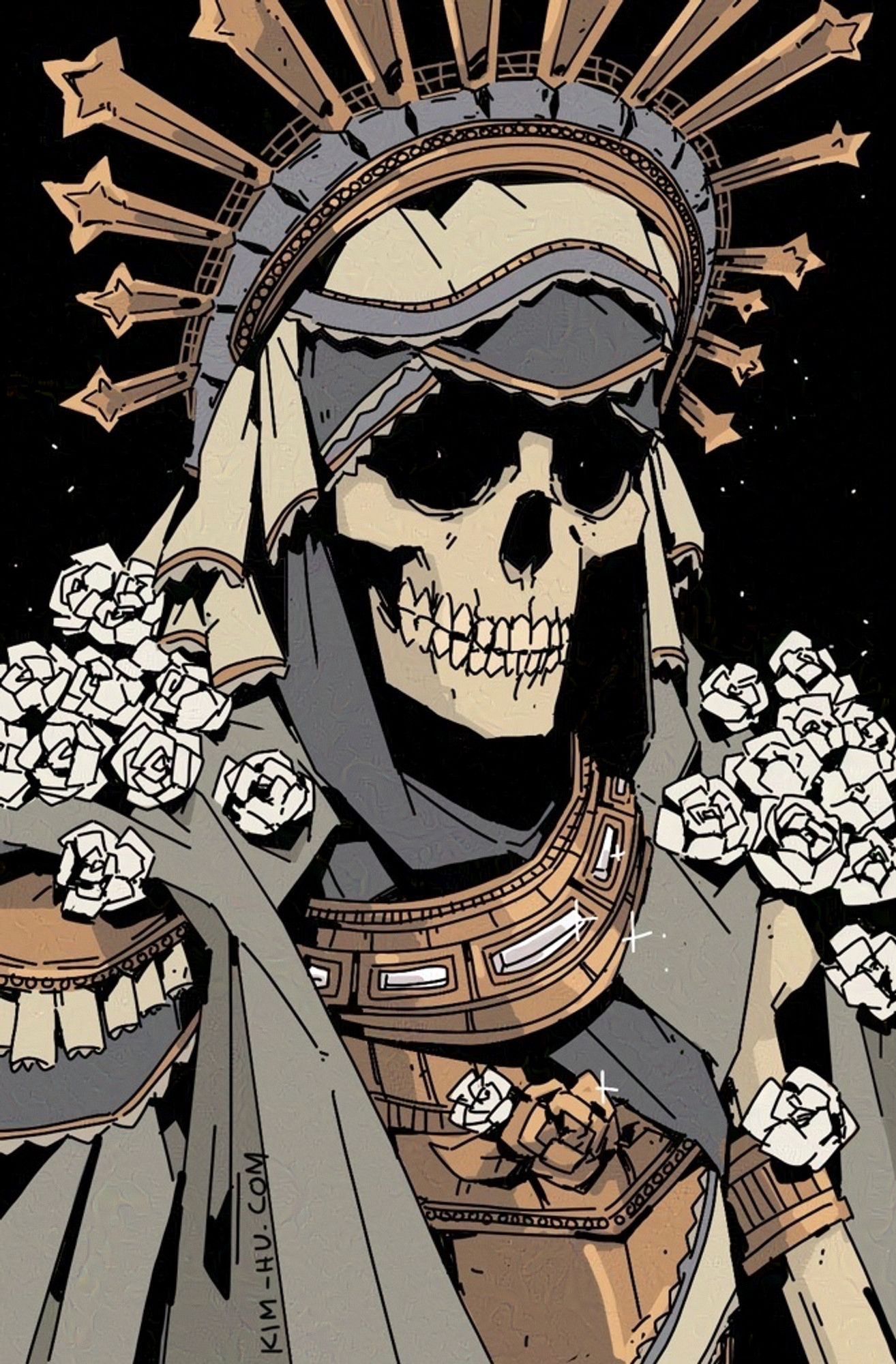 illustration of a catacomb saint; a heavily decorated and draped skeleton #kimgakaku