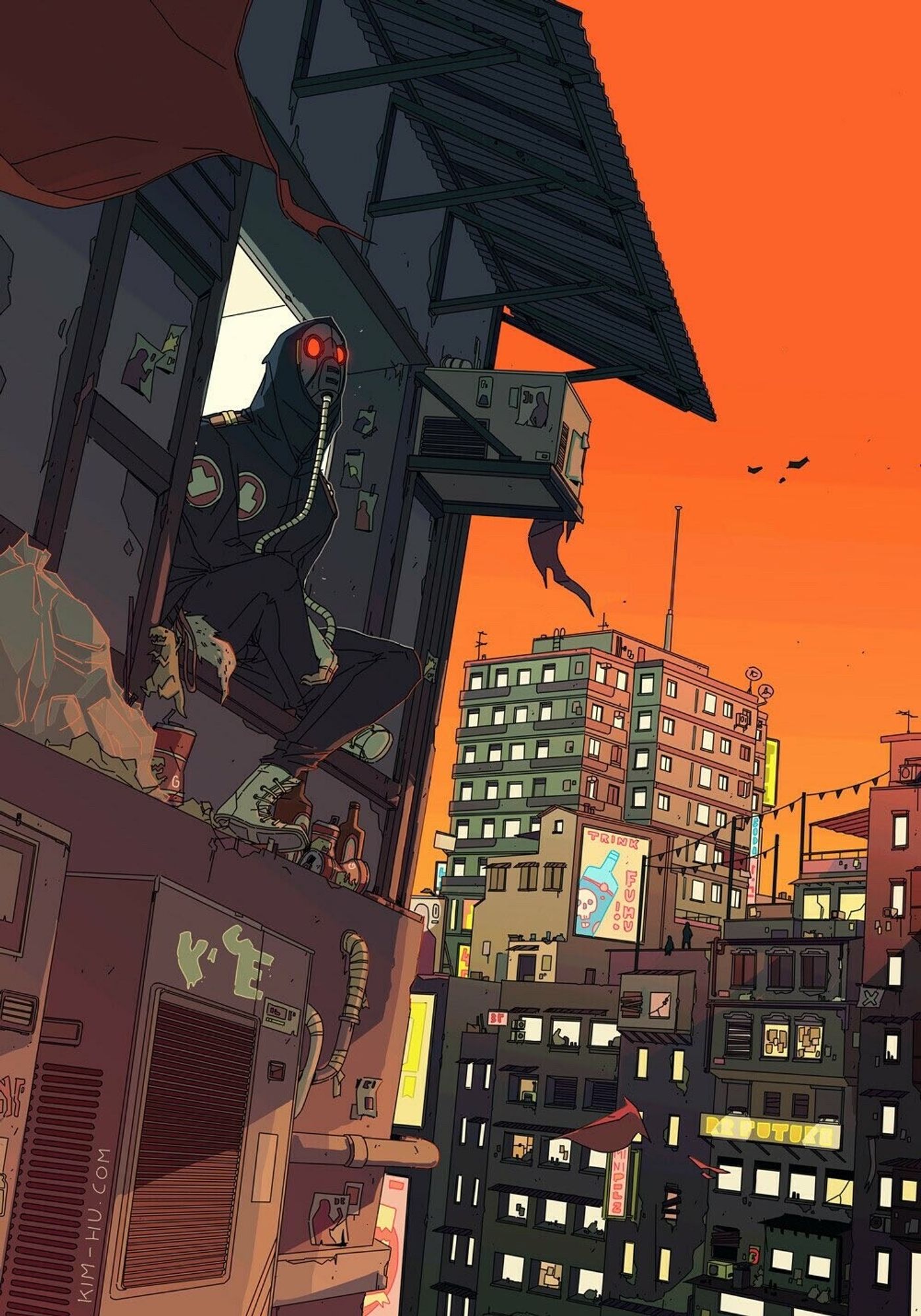 Illustration of an apocalyptic cityscape. A person in a gas mask is looking up into an orange sky.