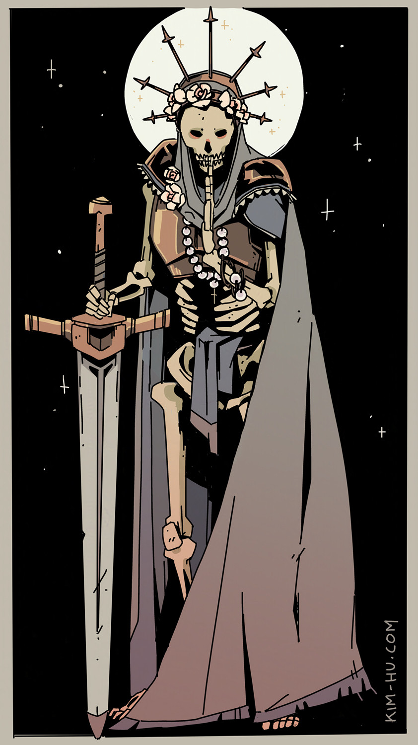 Illustration of a skeleton holding a sword. #kimgakaku