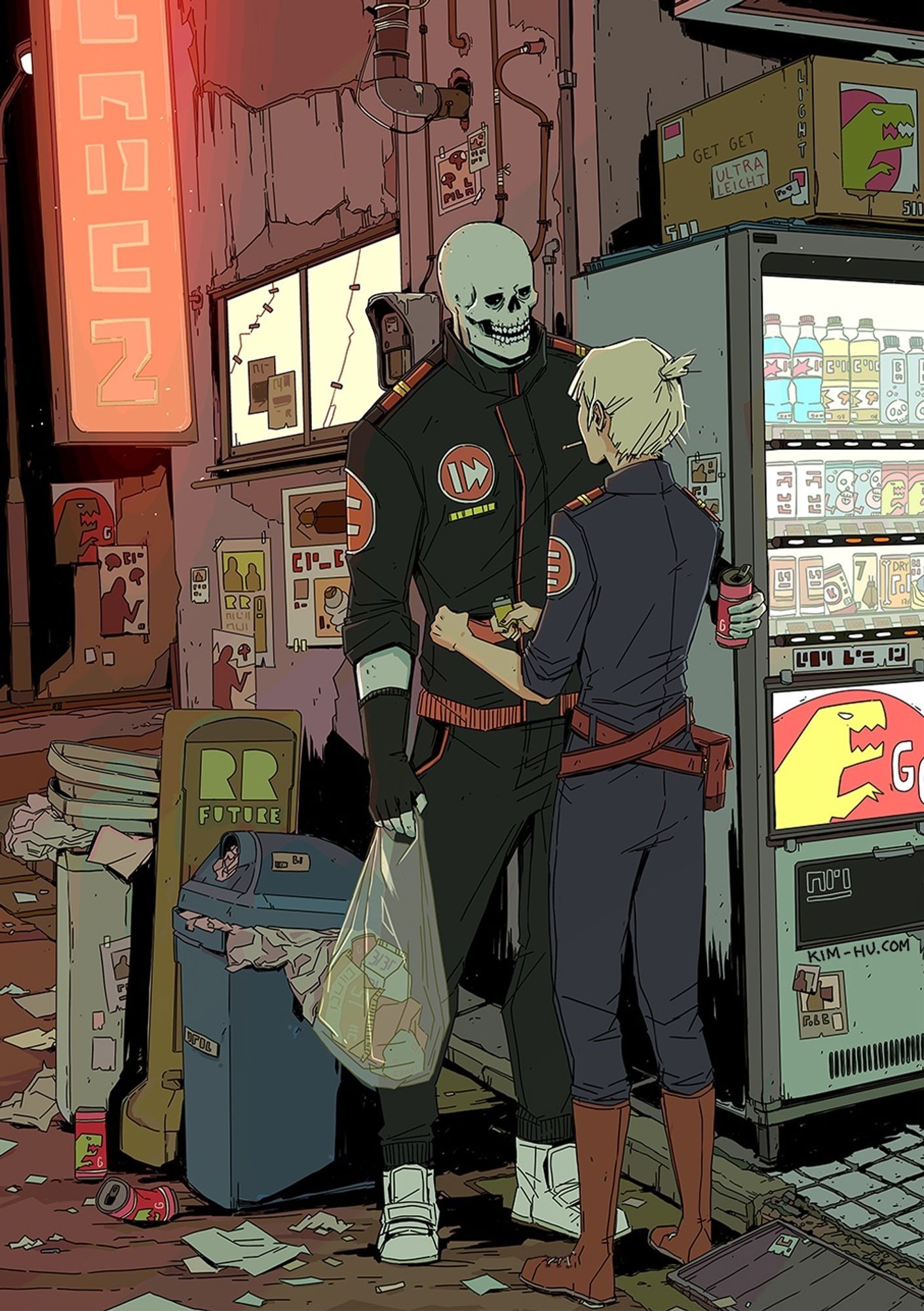 Illustration of my characters Kotsu and Helene, hanging out by a vending machine. #kimgakaku