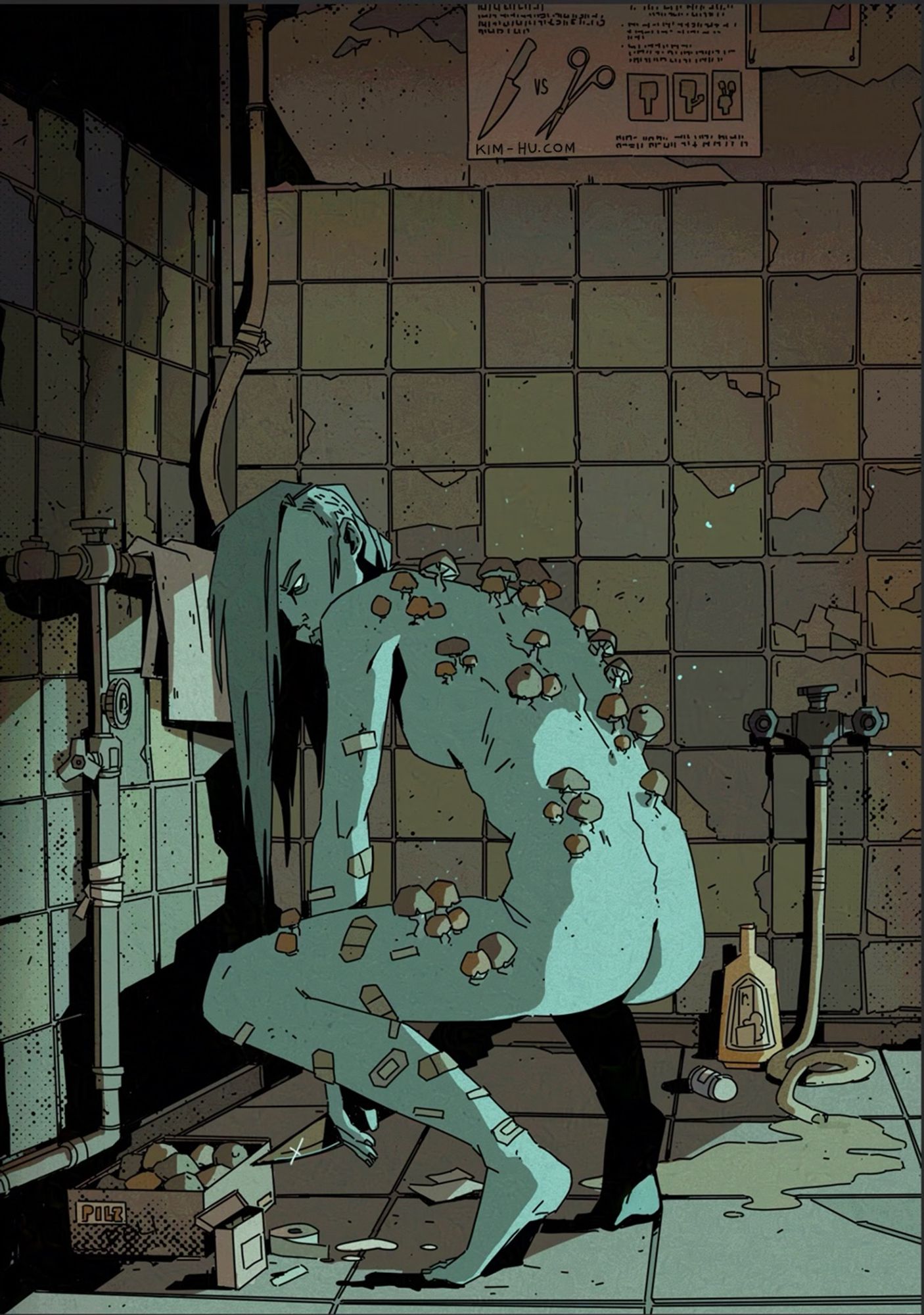 Illustration of my character Momo, crouching down in a very old shower. Mushrooms growing on her body. #kimgakaku