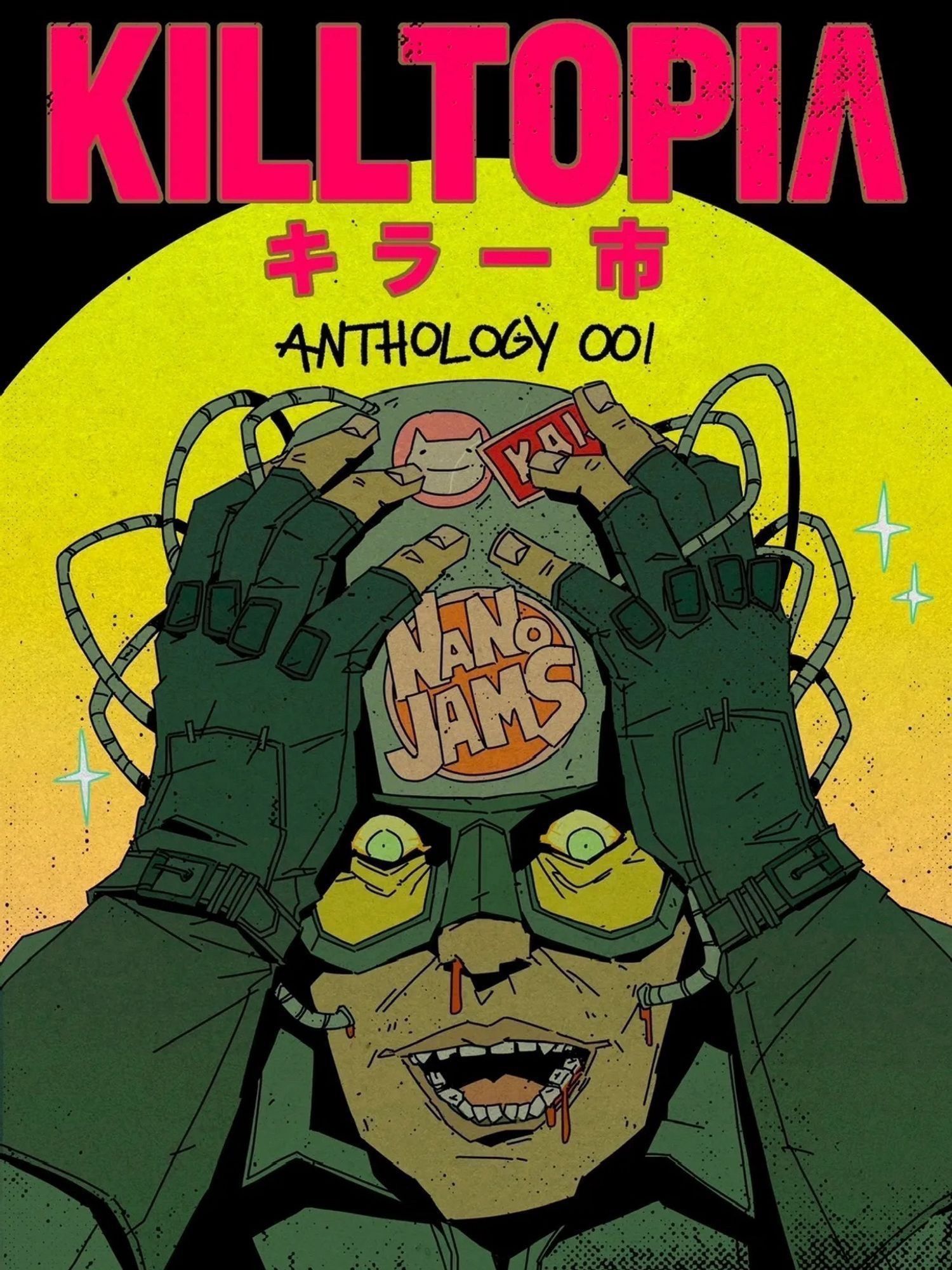 Illustration of the Killtopia Nano Jams cover. Depicting a man grabbing his head in pain and fear.