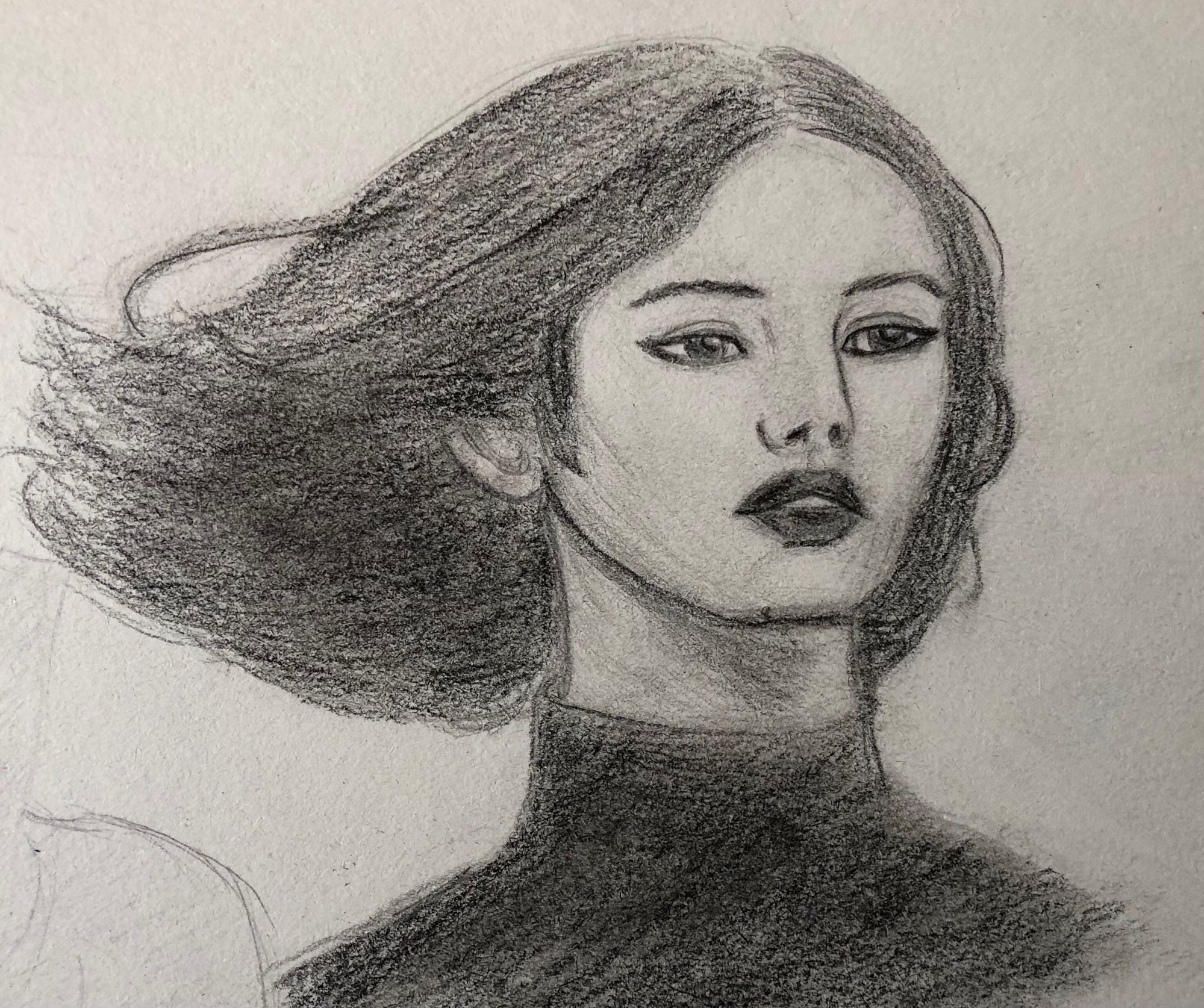 study drawing of a woman. graphite on paper. depicts a woman looking somewhere while the wind blows in her hair.