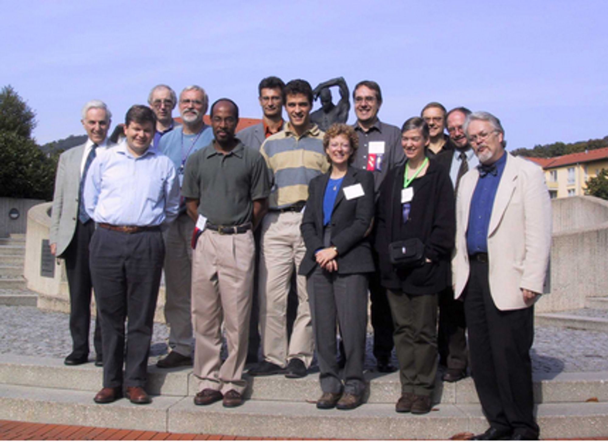 The editorial board met during the UML'2002 conference in Dresden, where the first issue of SoSyM was launched. From left to right:
Michael Jackson, Steve Cook, Stuart Kent, Bran Selic, Robert France, Jean-Marc Jezequel, Jean-Michel Bruel, Geri Georg, Bernhard Rumpe, Perdita Stevens, Martin Gogolla, Heinrich Hussmann, and Hermann Engesser.