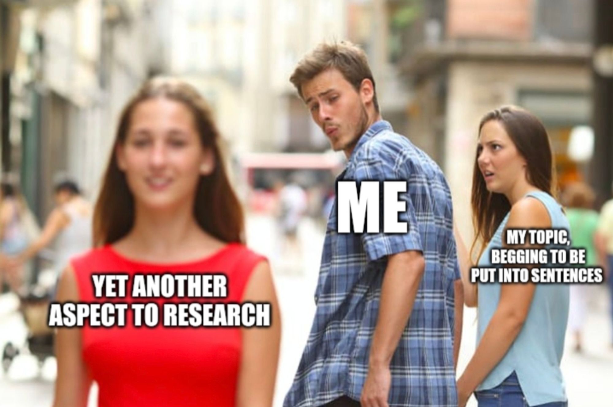 The distracted boyfriend meme. The boyfriend's text says "me", his girlfriend is "my topic, begging to be put into sentences" and the girl he is looking at has the text "yet another topic to research"