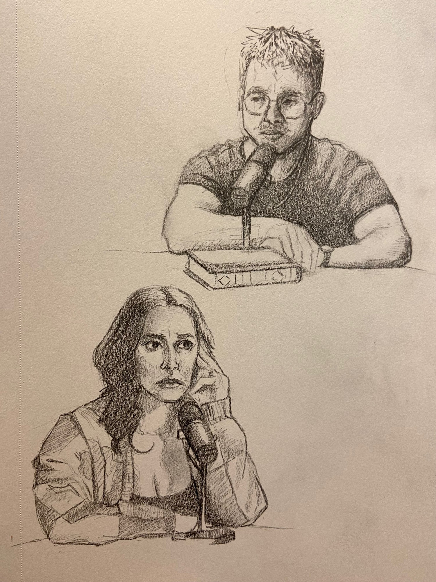 drawings of shayne topp and amanda leehan canto sitting in front of microphones from todays's smosh mouth episode. they both look very serious even though its a comedy podcast