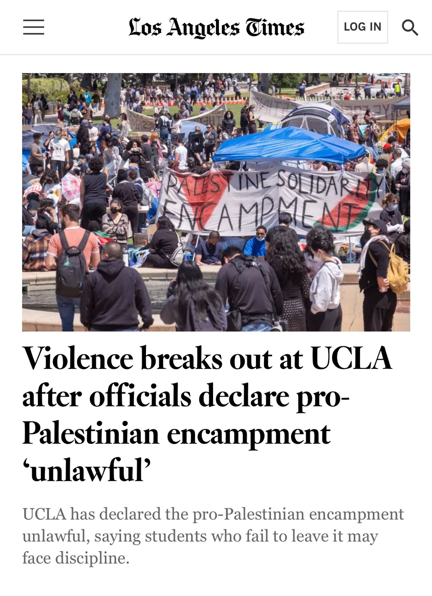 “Violence breaks out at UCLA after officials declare pro-Palestinian encampment unlawful”