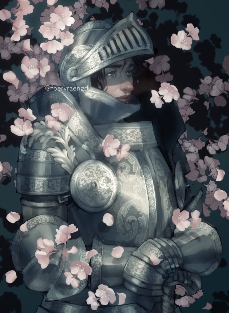 Digital painting of a woman in shining armor covered in a rain of cherry blossom petals. 