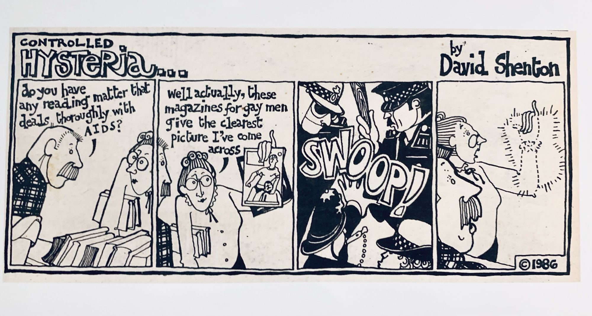 David Shenton cartoon from Capital Gay in 1986, depicting safer sex information being seized by police from libraries.