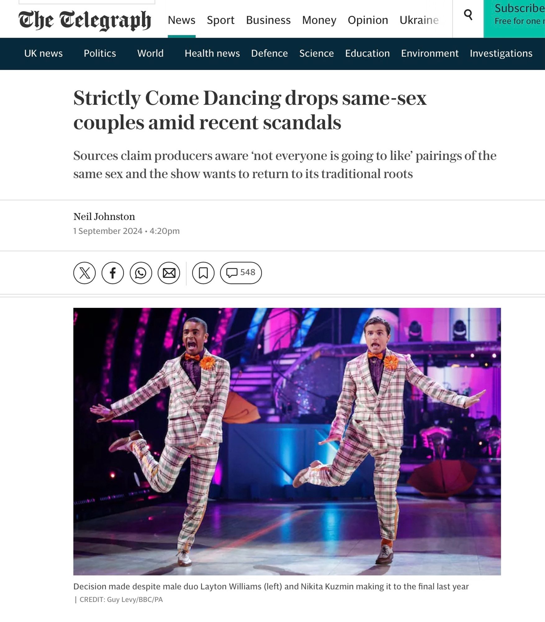 Daily Telegraph story headlined ‘Strictly Come Dancing drops same sex couples amid recent scandals’.