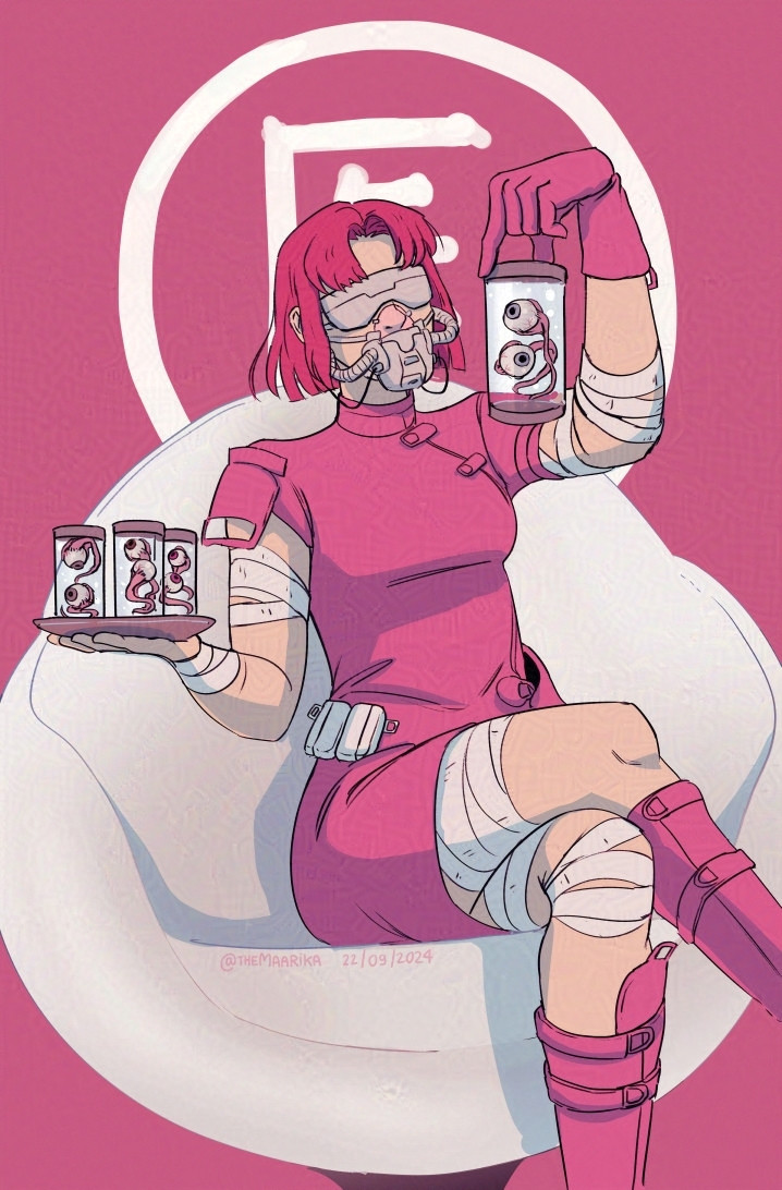 Fanart of Healer from 1000xRESIST holding jars containing eyeballs. Healer has short pink hair and she is wearing a pink dress and sitting in a white round chair. Her face is concealed by a respirator and eyewear.