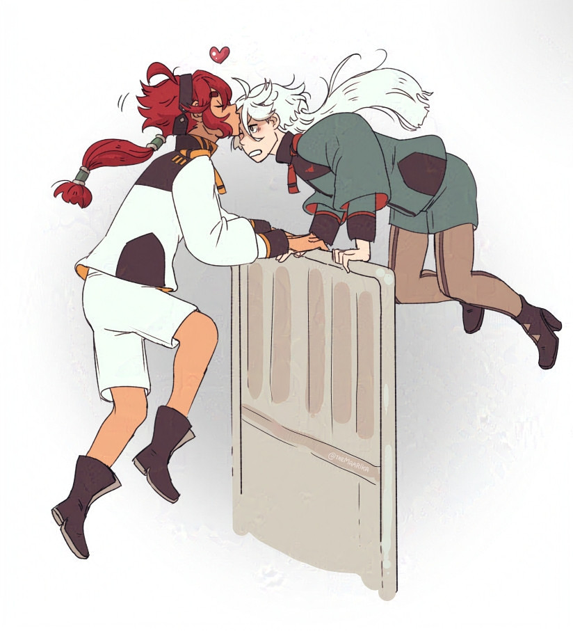 Fanart of Suletta and Miorine in their school uniforms, floating in microgravity. Suletta is kissing Miorine's forehead. Miorine looks annoyed and she is holding onto a fence or a barrier separating them. 
