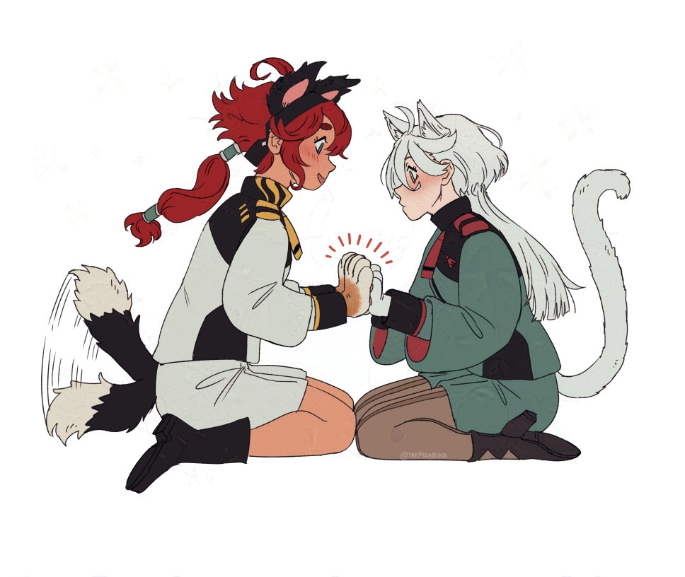 Drawing of a puppygirl Suletta and a catgirl Miorine. They are both kneeling and facing each other with their paws touching. Suletta has black dog ears, white and brown paws and her black tail with a white tip is wagging excitedly. Miorine has white cat ears, tail and white paws.