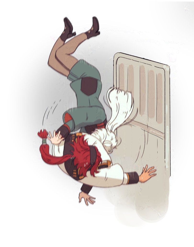 Continuation from the previous drawing. Suletta is tumbling away as Miorine has crossed the fence that was between them and she is tackling Suletta.
